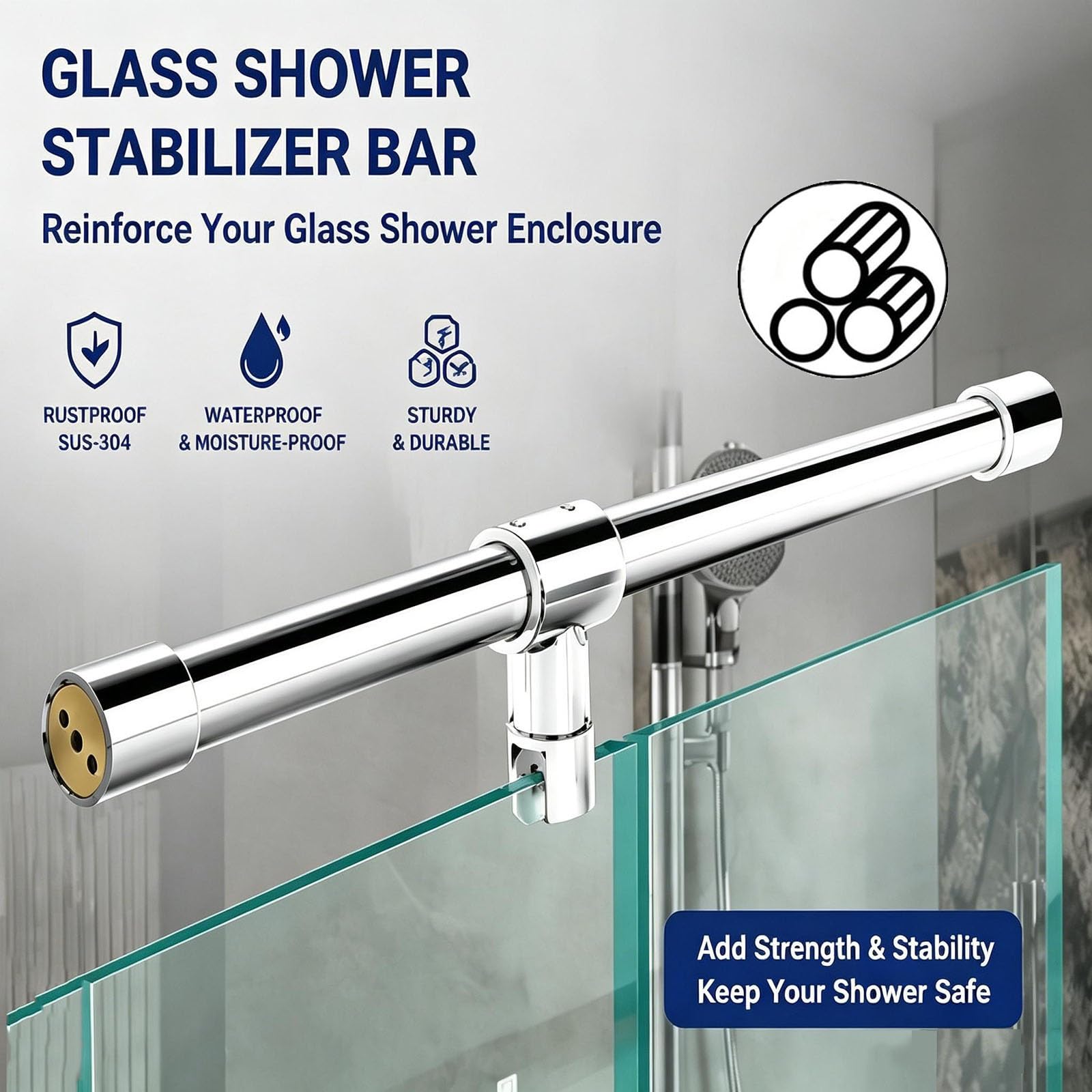 Duschwand Halterung Edelstahl-Haltestange für Wand-Glas-Verbindung, 60–200 cm lange feste Stange für rahmenlose Duschwandelemente, Halterungen(Gray,27.6in/70cm)