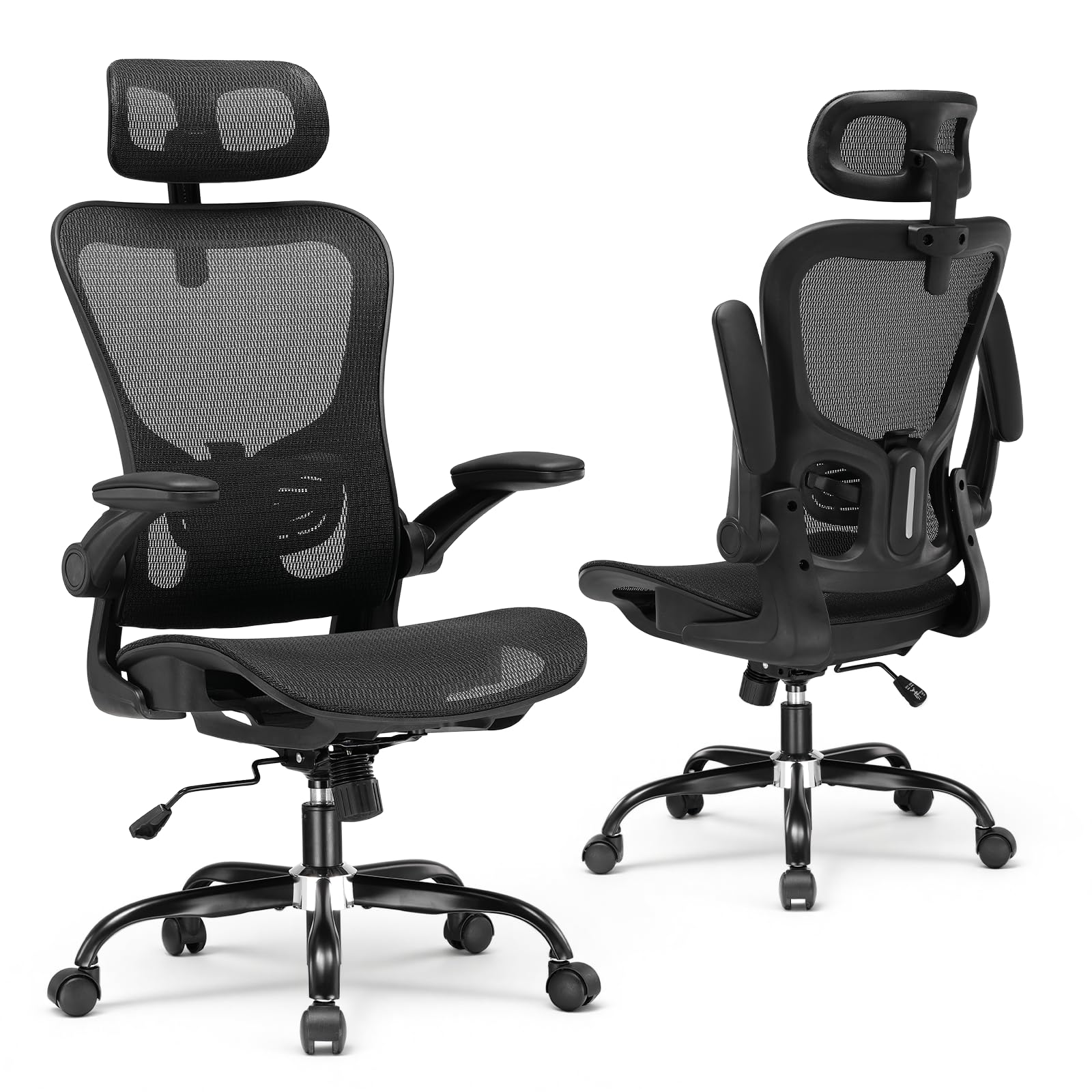 GTPLAYER Bürostuhl Ergonomisch, Schreibtischstuhl mit Verstellbarer Kopfstütze, Armlehnen, Lendenwirbelstütze, Büro Stuhl & Gaming Stuhl Wippfunktion, Chefsessel aus Mesh, 150kg(Tiefschwarz)