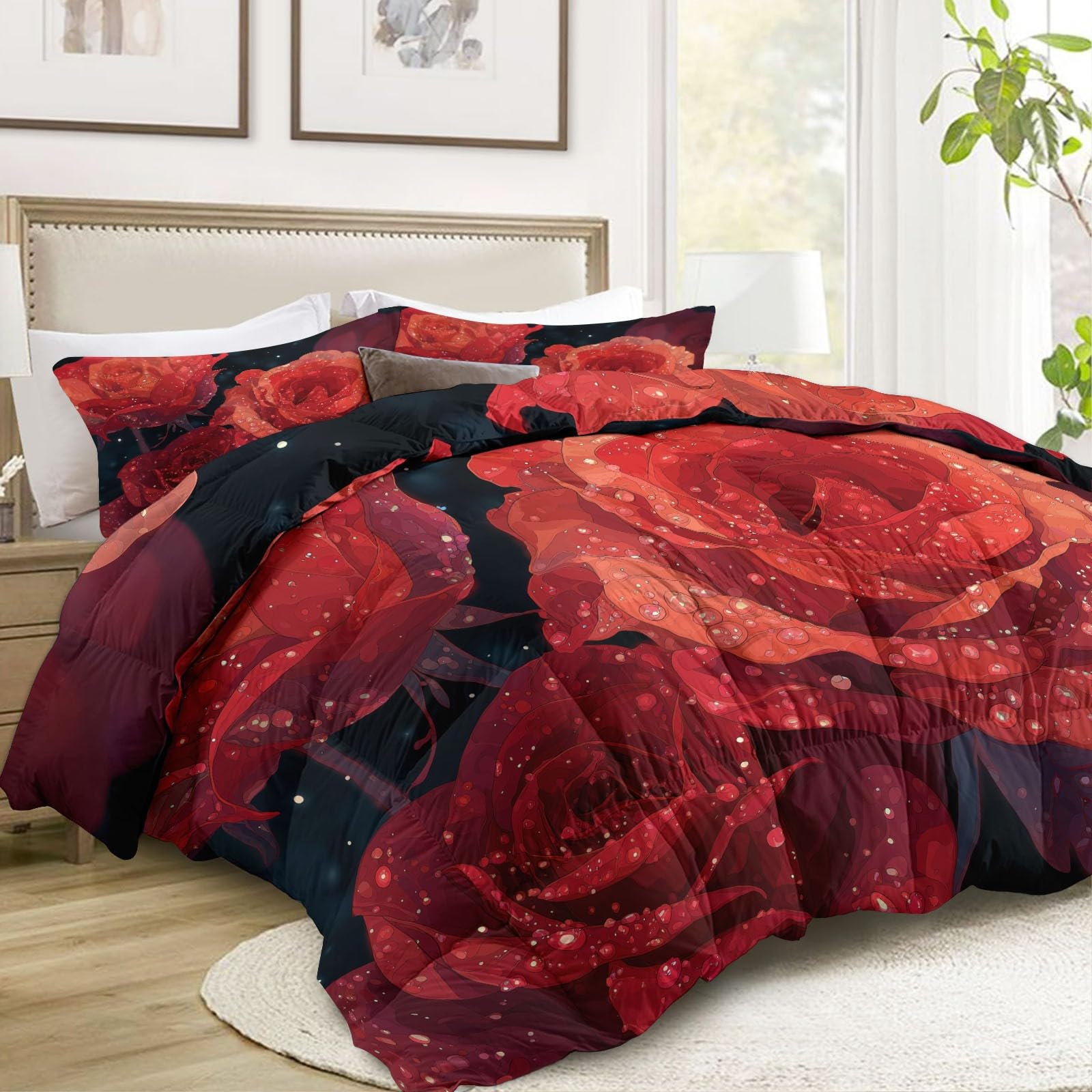 Generisch Zestaw kołder 155 x 220 cm, czerwone płatki róż, krople wody, kołdra całoroczna, dwustronna, kołdra puchowa, miękka kołdra z mikrofibry z poszewkami na poduszki