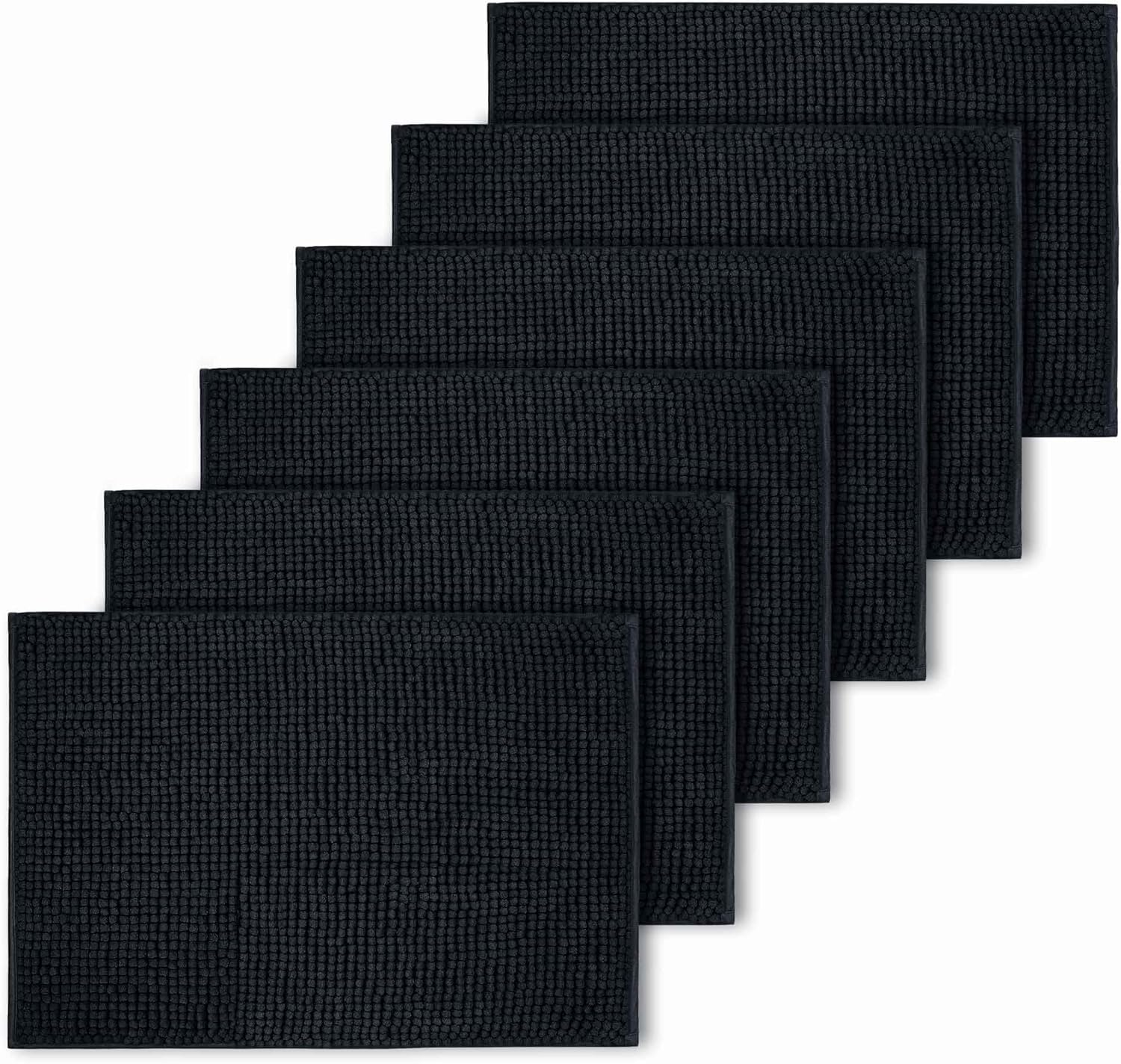 Imperial Rooms Bath Mat Non Slip Anti Mould (6 pack) - Black Bath Mats 60x90cm, Chenille Bathroom Mat Super Absorbent Extra Soft Fluffy Shower Mat