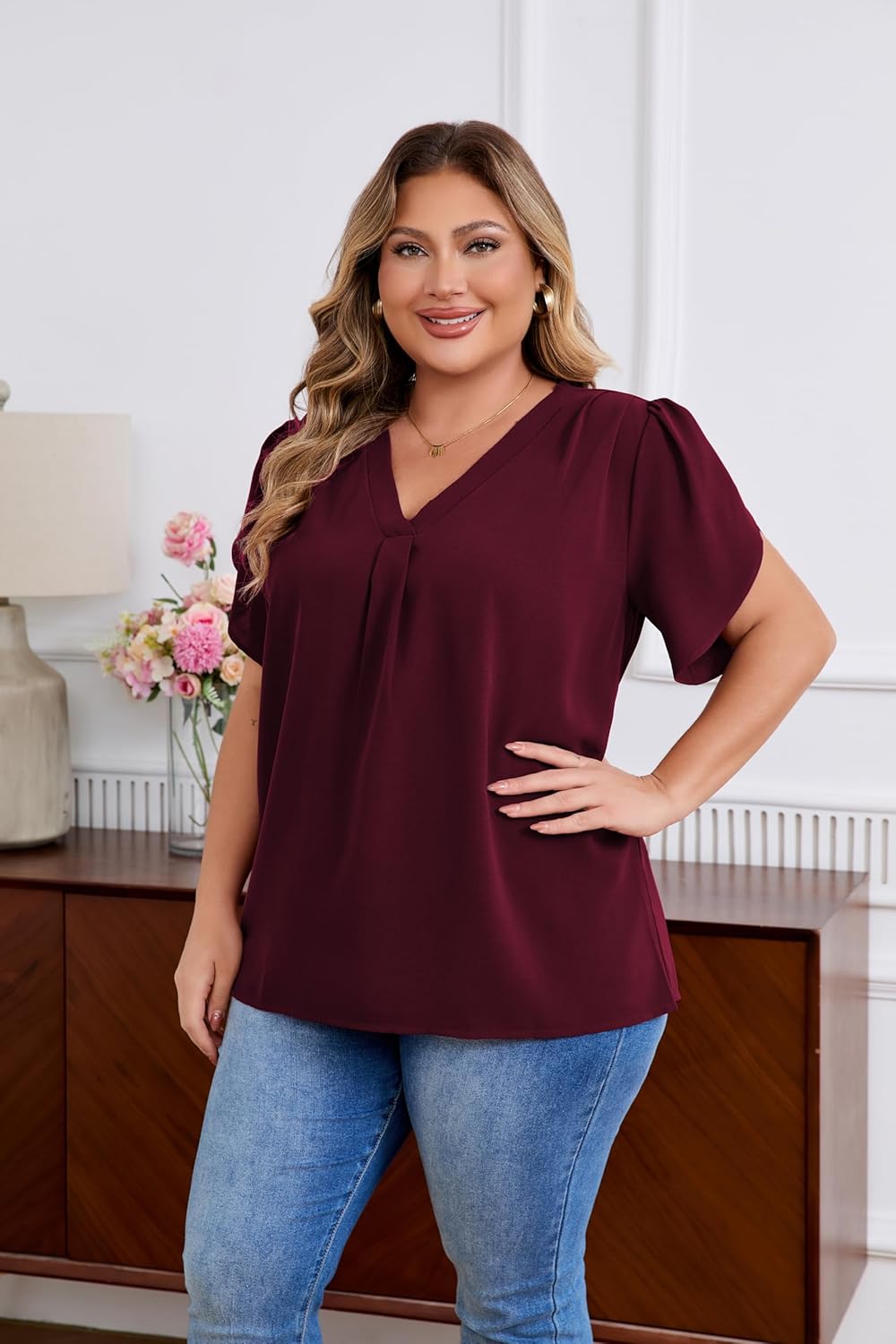 Women's Plus Size Casual Blouses Solid Business Work Tops Petal Short Sleeve V Neck Loose Fit T Shirt Summer Trendy 2026 - Image 3