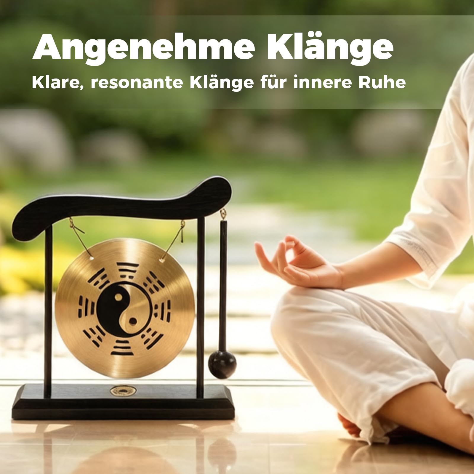 Mini Kupfer Gong mit Schlägel, Yin Yang Fengshui Deko Tischgong mit Holzsockel, Japanische Deko mit Taiji-Symbol und Klatschtafel für Zen Tischdekoration, Einzugsgeschenk (Bagua-Diagramm)