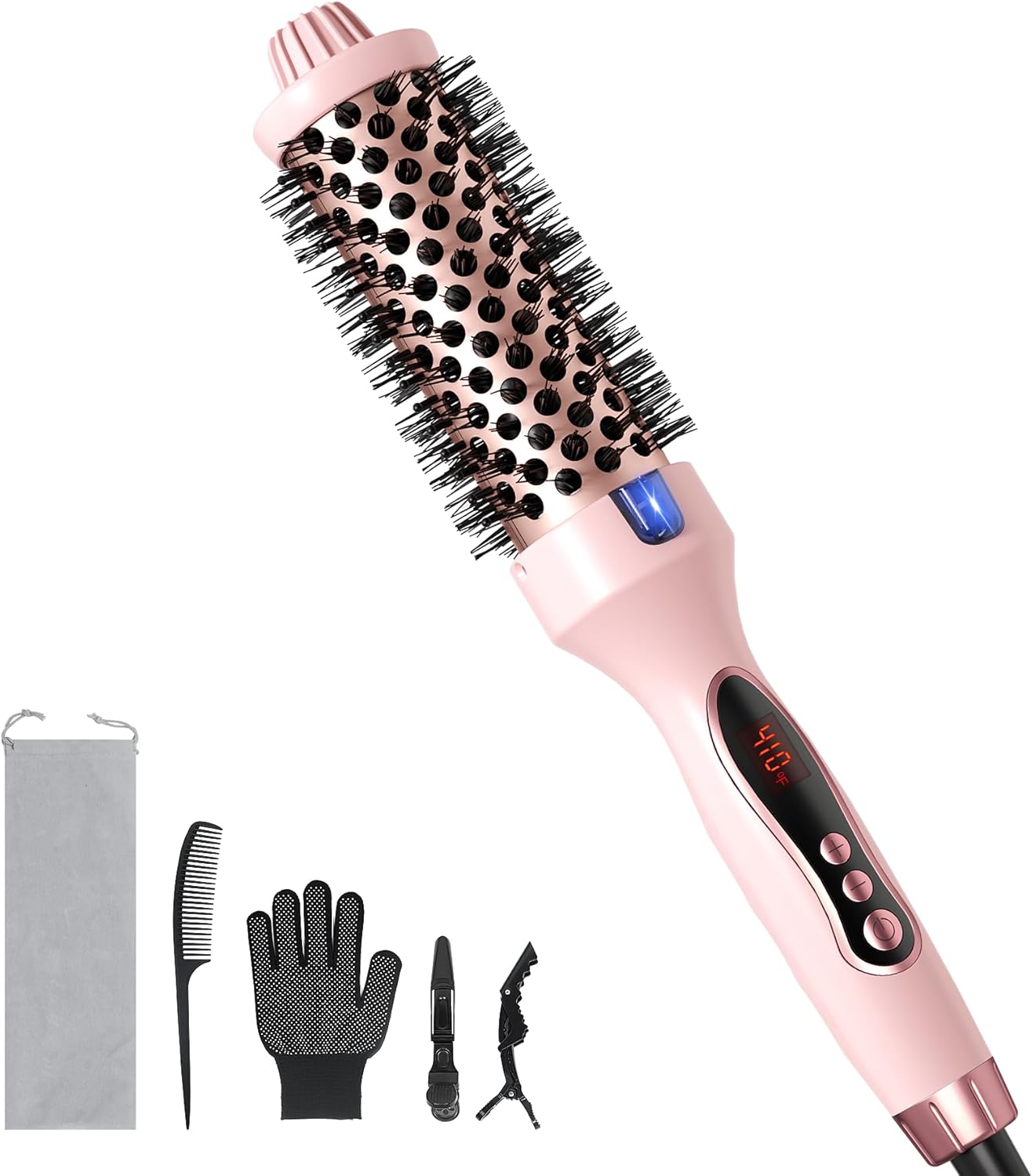 Thermal Brush, 1.5 inch Heated Round Brush Hair Curling Brush for Natural Curl, Straightener and Curler 2 in 1, Negative Ion Technology, 9 Temperature Settings, Dual Voltage for Travel, Pink
