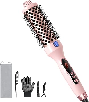 Thermal Brush, 1.5 inch Heated Round Brush Hair Curling Brush for Natural Curl, Straightener and Curler 2 in 1, Negative Ion Technology, 9 Temperature Settings, Dual Voltage for Travel, Pink
