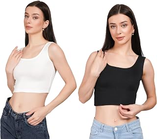 Ribbed Crop Tank Top for Women, Sleeveless, Pack of 2, Black and White Price In India