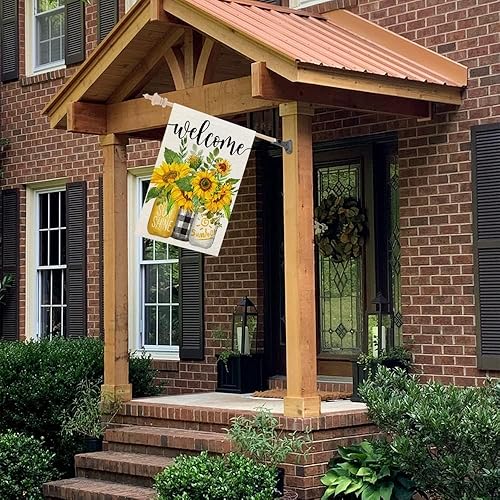 Miniatura 7 de CROWNED BEAUTY Bandera de casa de girasoles de verano, tarro de doble cara, 28 x 40 pulgadas, gran arpillera de arpillera de temporada, decoración