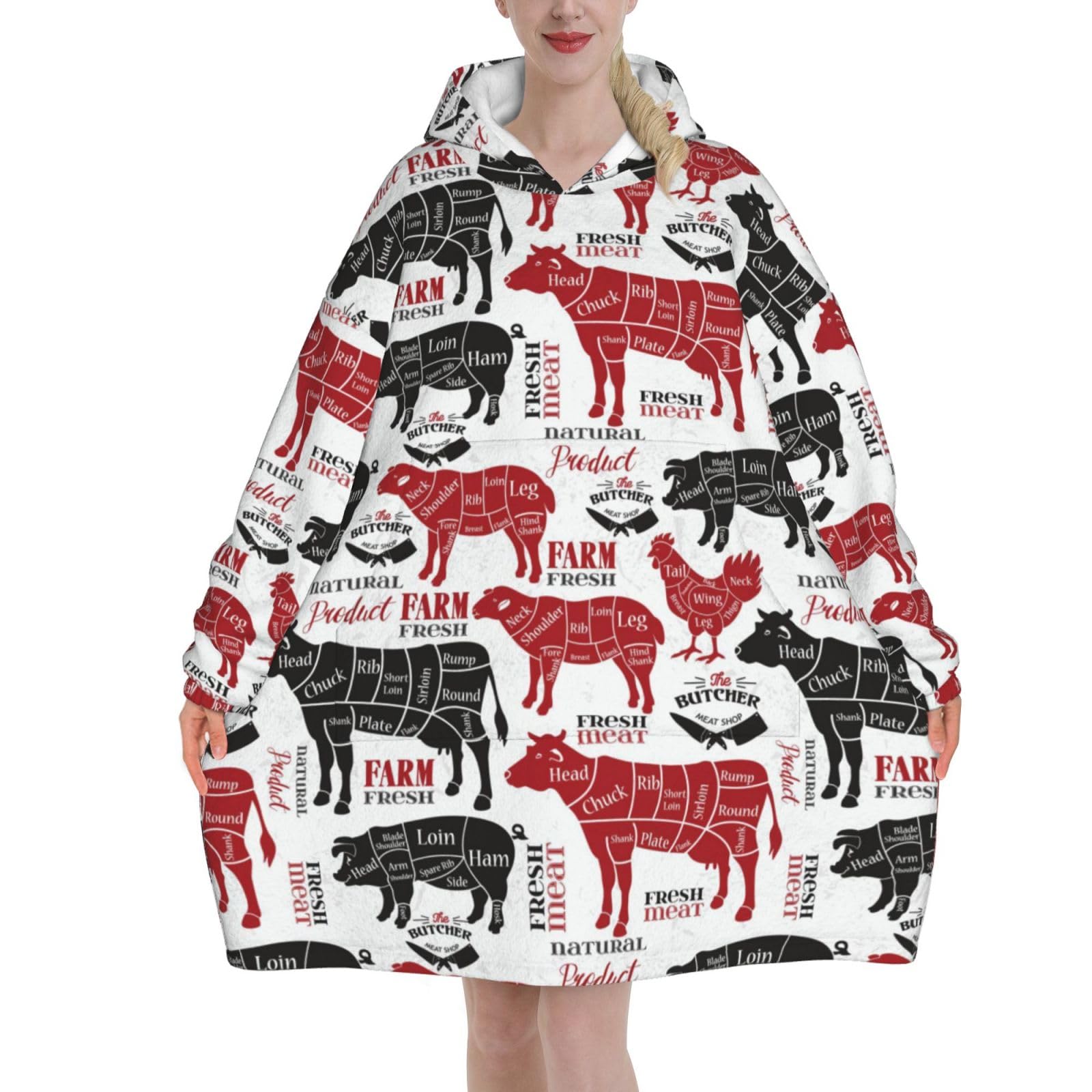 Poadnly Unisex As Picture Meat Cuts Diagrams Butcher Shop,Women's Oversized Wearable Blanket Hoodie, Blanket Sweatshirt,Flannel Pullover Blanket