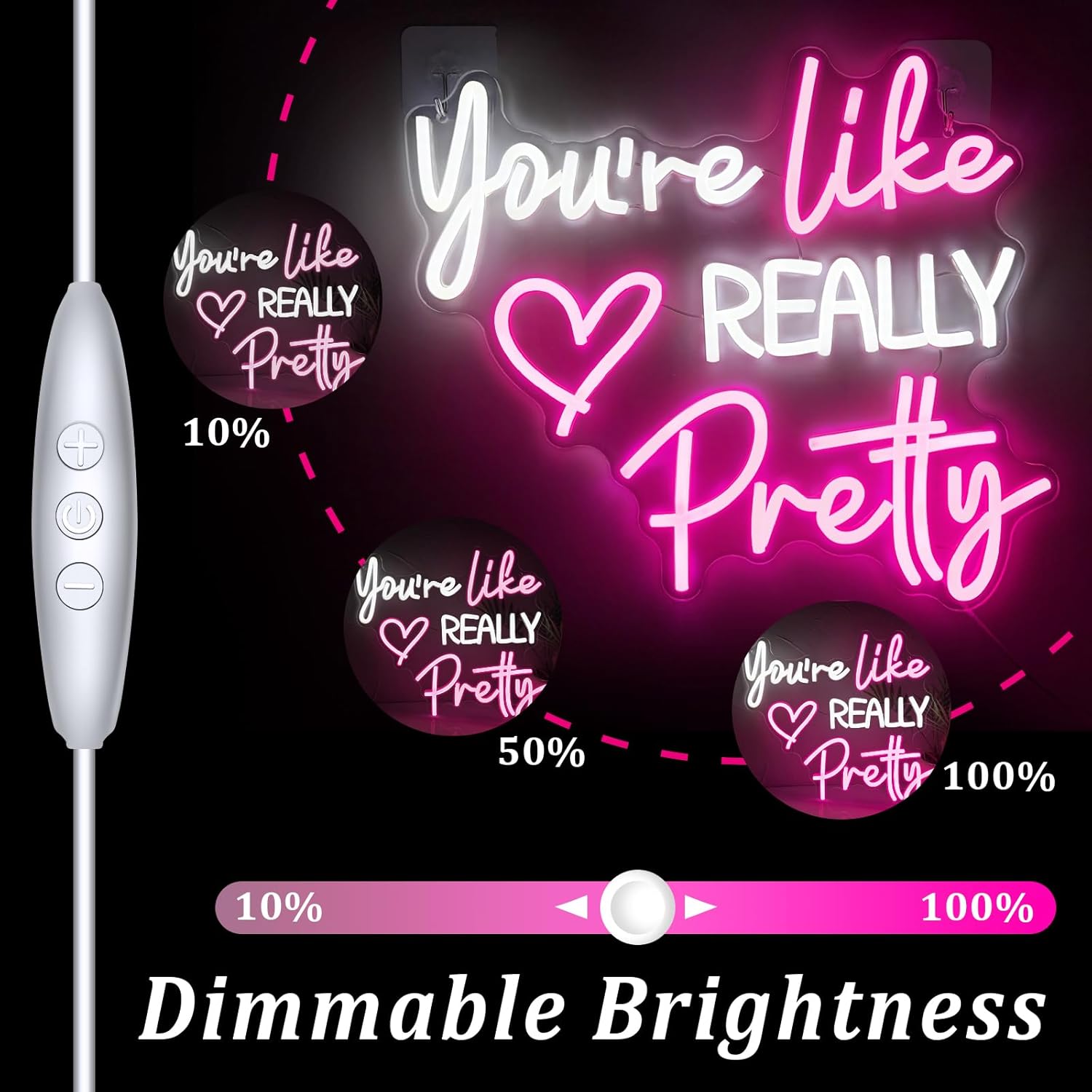 You're Like Really Pretty Neon Sign for Wall Decor, Pink Room Decor Led Sign for Bedroom Wall, Neon Light with Dimmer,Pink Wall Decoration USB Powered with Switch - Image 3
