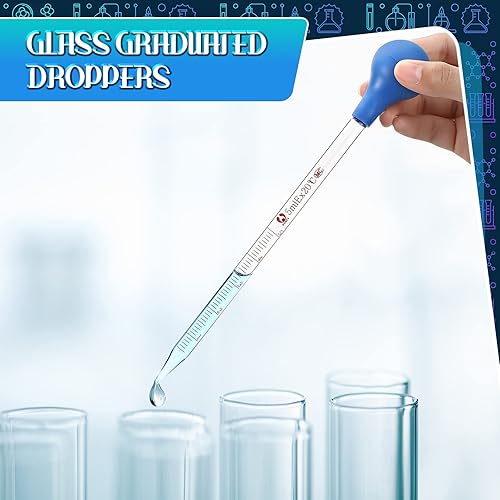 Miniatura 9 de Weewooday Pipetas de vidrio con goteros de vidrio graduados para laboratorio, pipeta líquida con sombreros de goma grandes de 7.9 in, varilla de