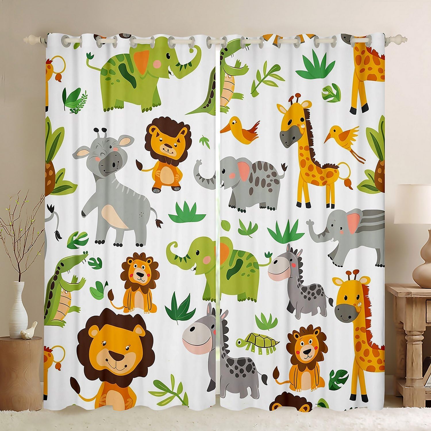 jejeloiu Kids Cartoon Lion Curtains for Bedroom (2 Panels, 38 x 45 Inch) Boys Girls Cute Elephant Blackout Curtains Kawaii Giraffe Darkening Drapes Farm Zoo Animals Print Window Treatments