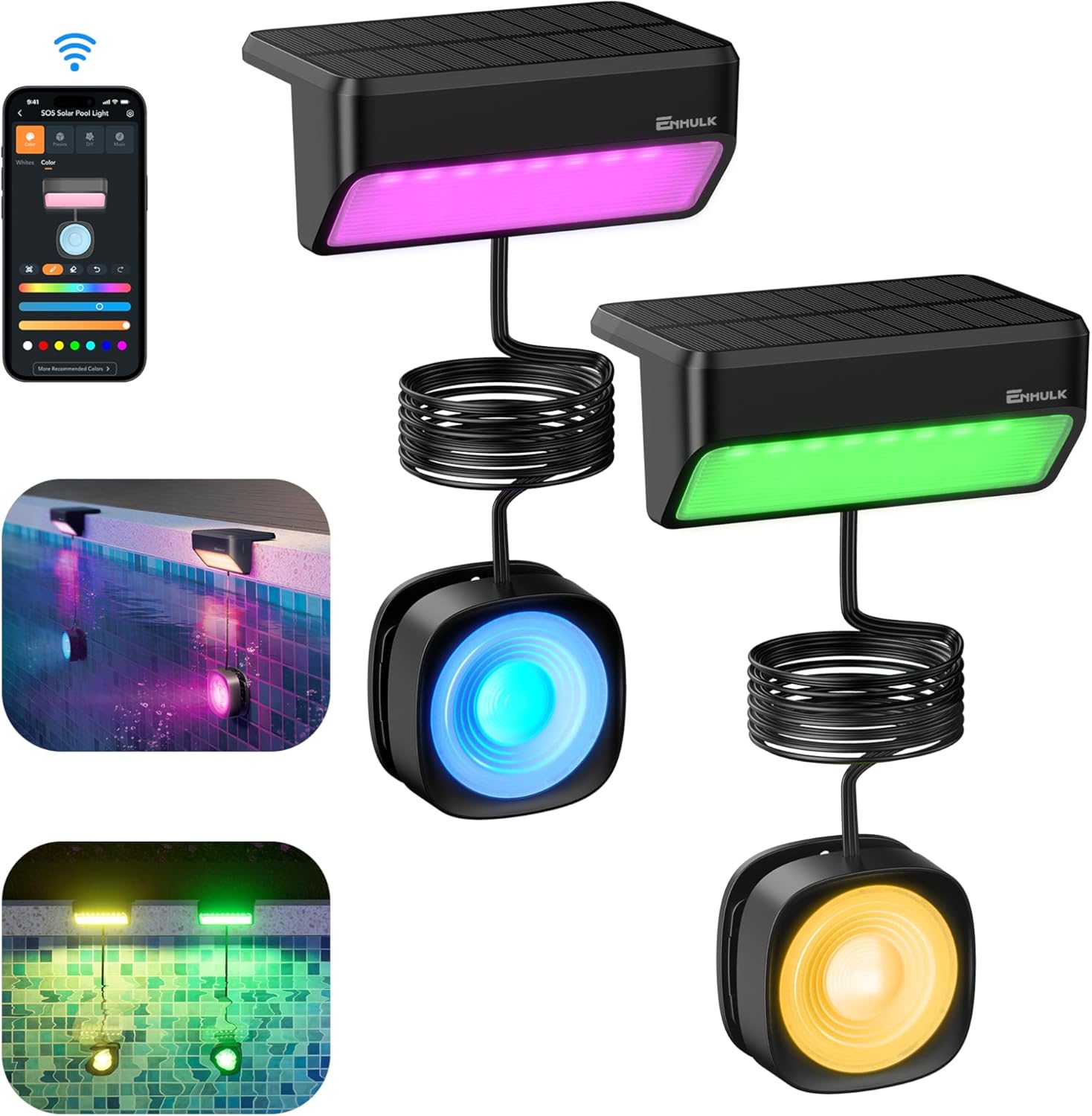 Enhulk Solar Pool Lights with RGBW APP Control,IP68 Waterproof Smart Solar Power Pool Lights for Above Ground Pool,Led Pool Lights for Inground Pool, Pond, Patio, Black 2 Pack