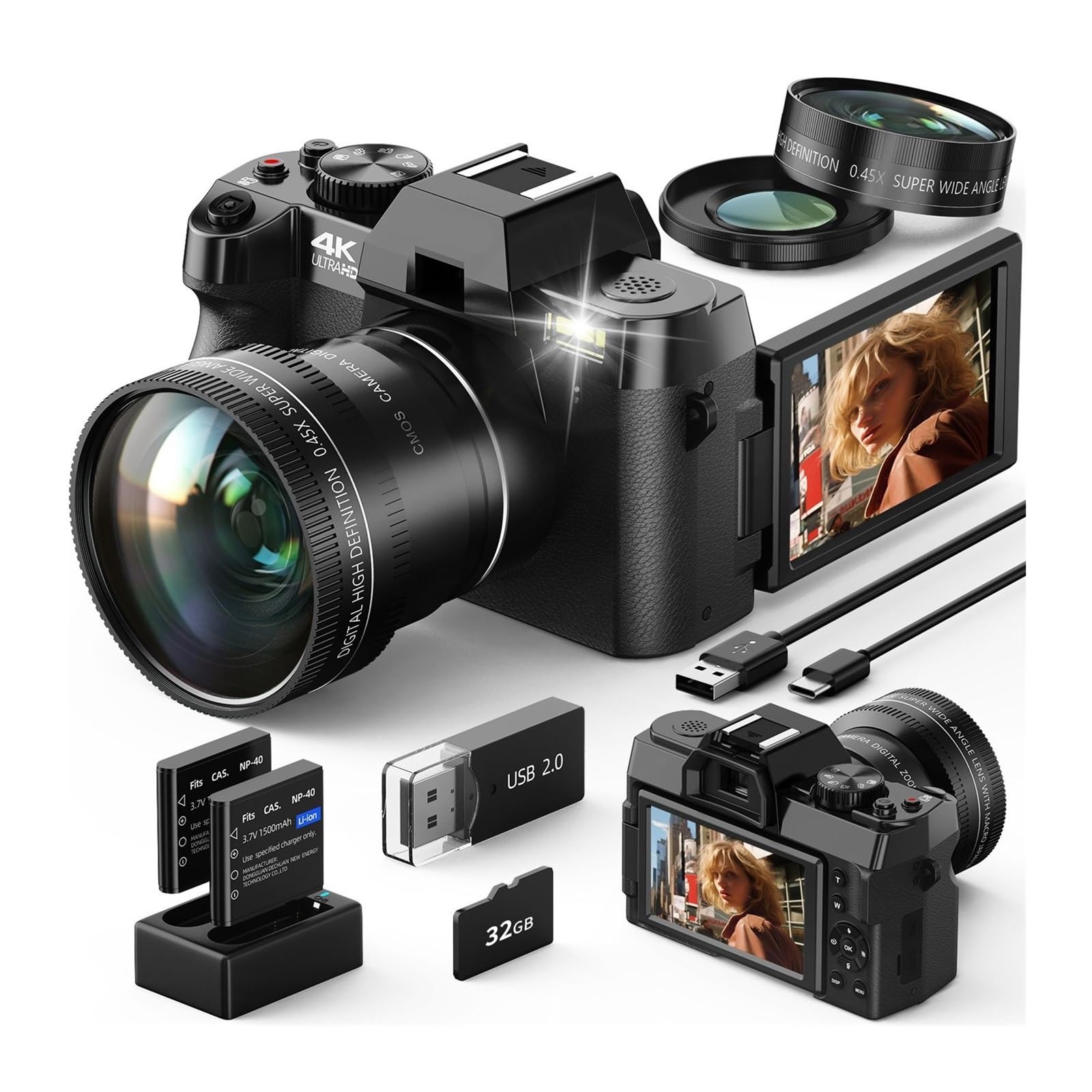Compact Digital Camera 4K WiFi Webcam Video Recorder Vlog Vintage 48MP Camcorder 16X Digital Zoom Camera-image-8