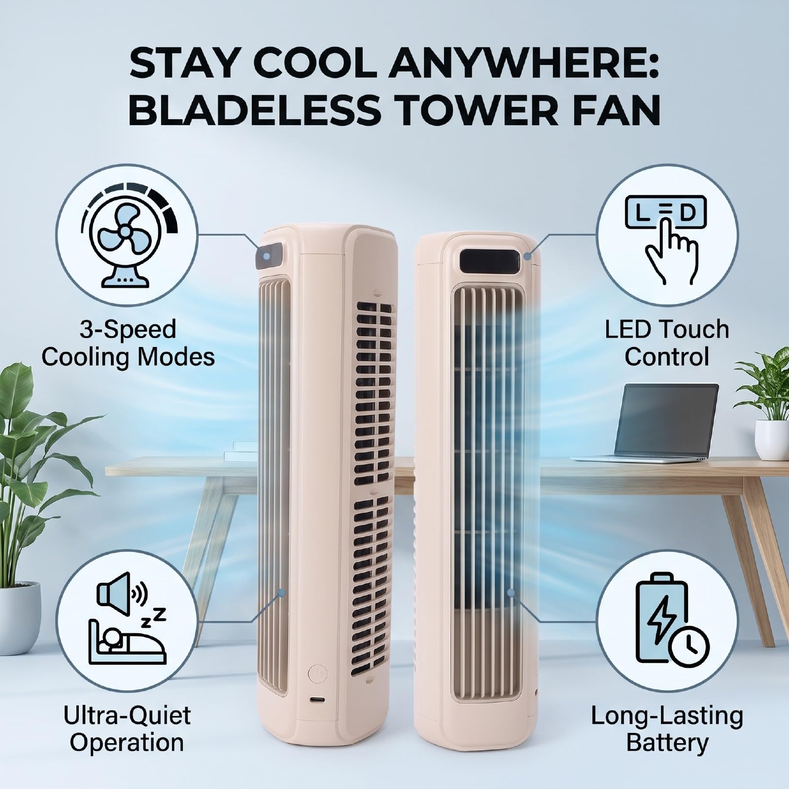 Ventilatore a Torre per Condizionatore Portatile | Ricarica USB touch LED a 3 velocità, raffreddamento evaporativo senza lama, scrivania da ufficio in camera da letto