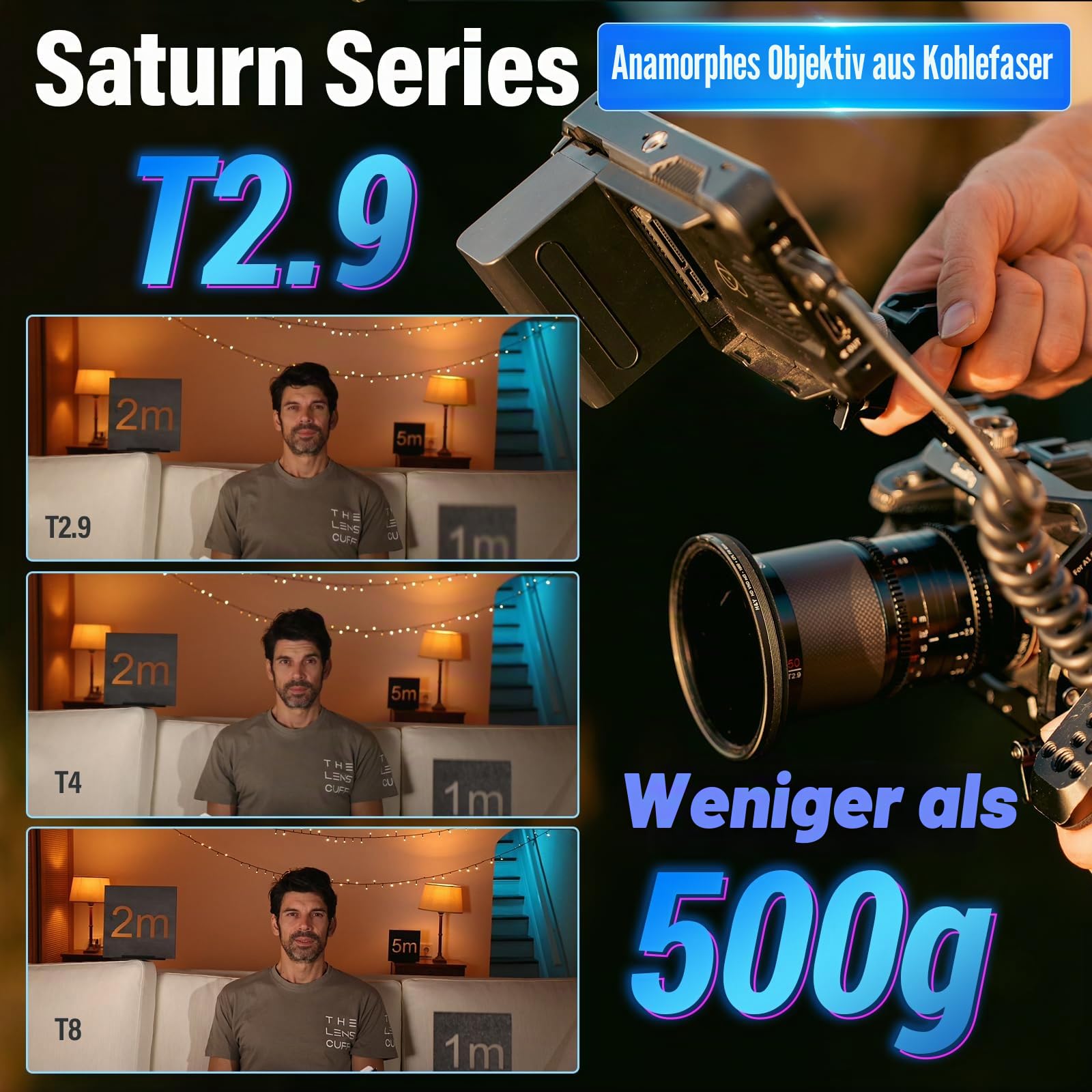 SIRUI Saturn 50mm T2.9 1.6X Vollformat Anamorphisches Objektiv aus Kohlefaser, Kinoobjektiv für E-Mount Kameras, unter 500g mit neutralem Flare-Effekt