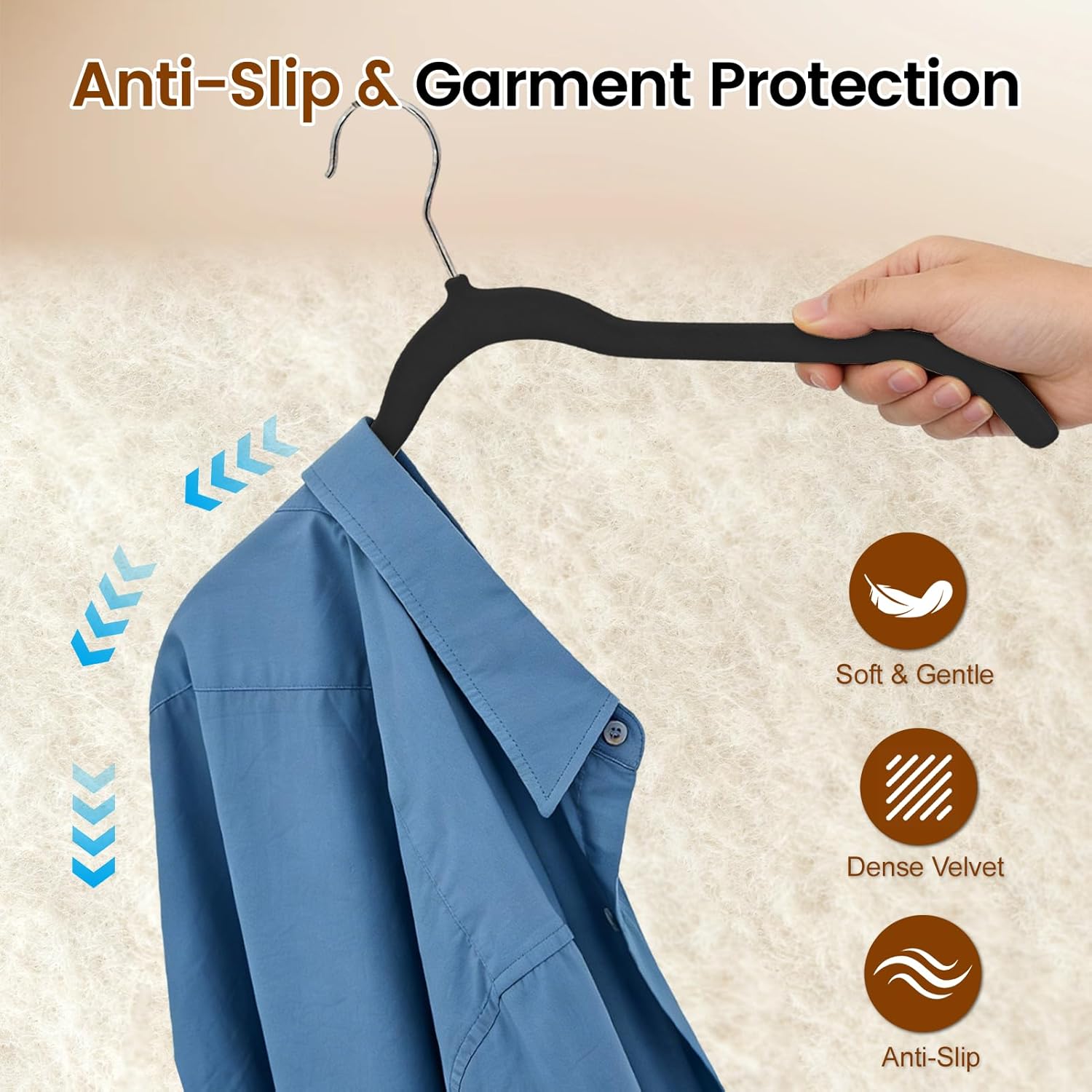 Premium Velvet Shirt Hangers, Space Saving Felt Hangers, No Shoulder Bumps, Non-Slip & Ultra Slim, Sturdy and Elegant, Prevents Clothing Deformation for Blouses, Tank Top, Coat -50 Pcs (Black)