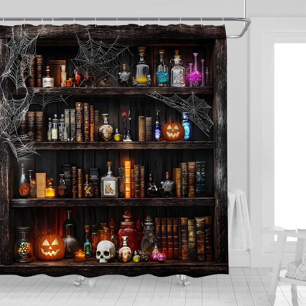 Gothic Library Bookshelf Shower Curtain Halloween Skull Pumpkin Spider Web Vintage Books Old Bookcase Magic Bookrack Fabric Bathroom Decor Curtains with Hooks,70 x 82