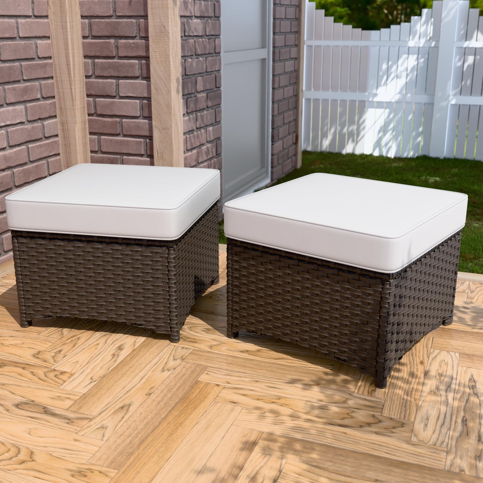 EAGLE PEAK Azure Bay 2 Piece Wicker Patio Ottoman Set Weather-Resistant Cushions for Patio Deck Backyard Poolside, Brown/Beige