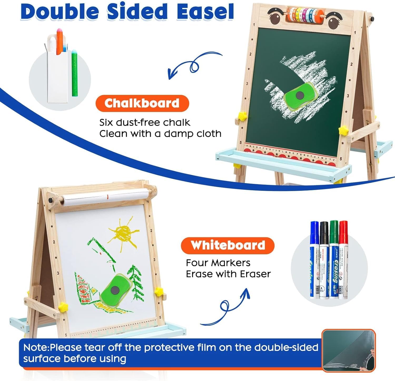 Pizarra Caballete ​Todo en 1 de Madera|Caballete para Niños y Niñas de dos Caras | Caballete de Madera para Dibujo con Rollo de Papel,Pizarra Blanca, Pizarra de Tiza y Otros Ricos Accesorios
