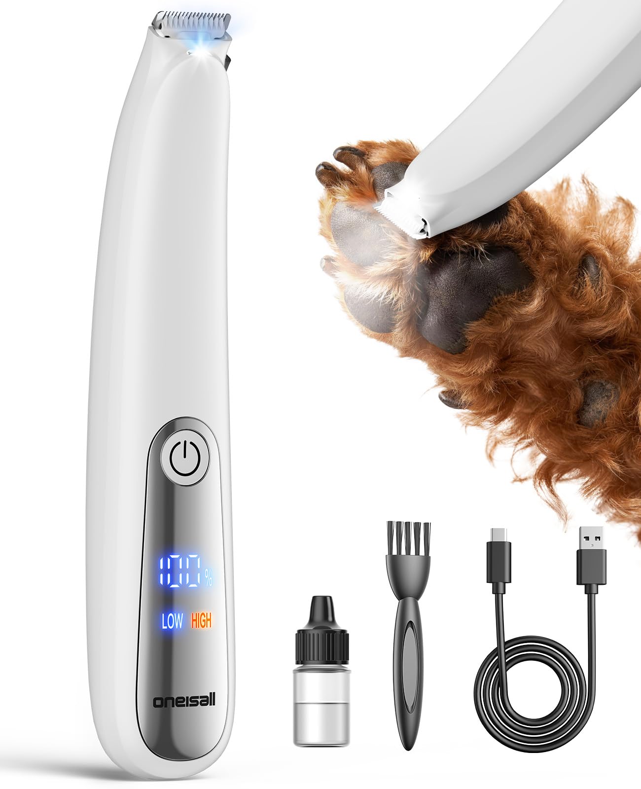 oneisall Tosatrice per gatti con luce a LED, tagliazampe per cani, extra silenziosa, zampe di cane, zampe, gatti, rasoio, Paw Trim Pro Dr. per zampe, viso, glutei, orecchie, occhi (bianco)