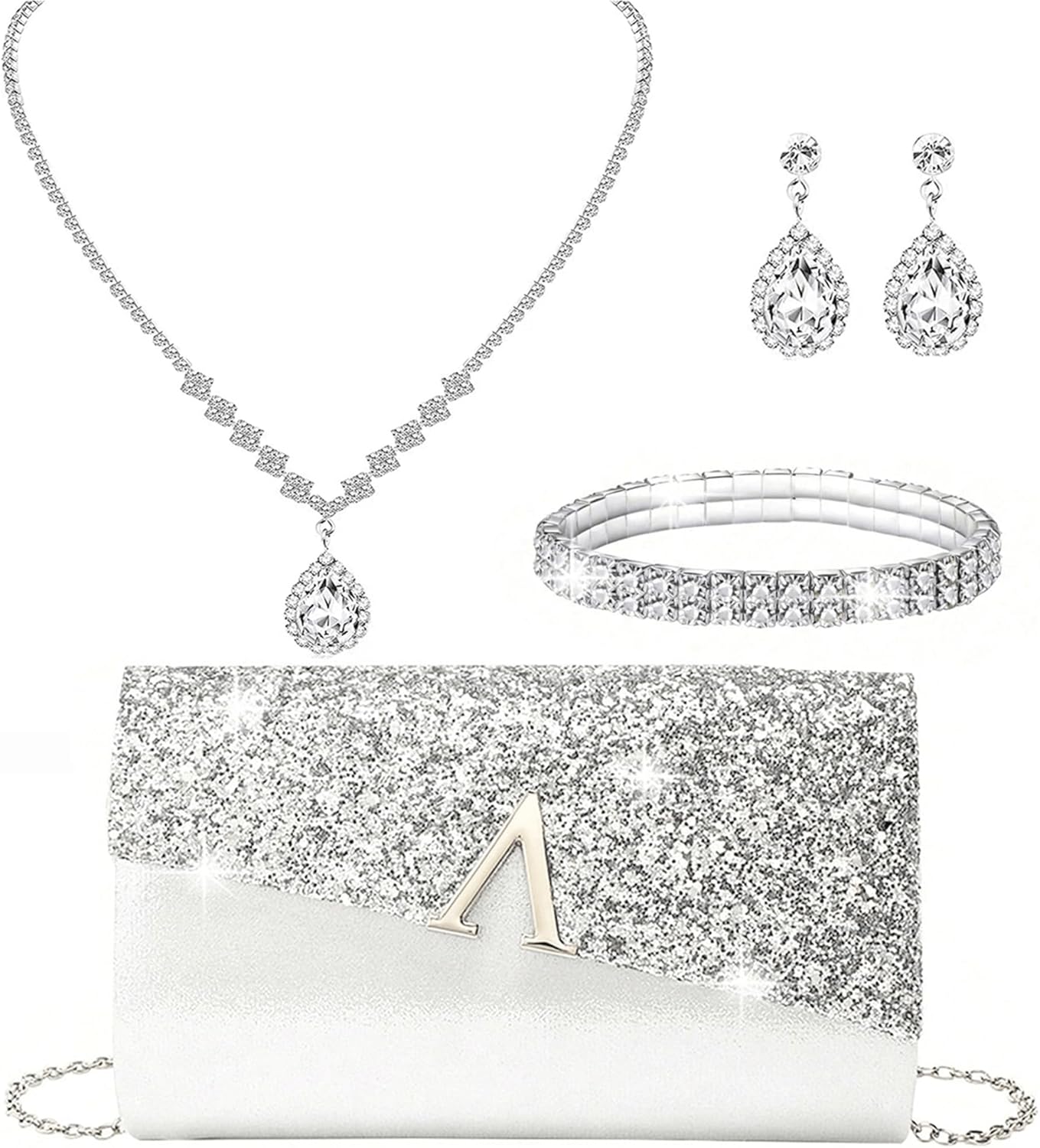 Glitter Evening Clutch Purse for Women Sparkly Shiny Handbag Ladies Wedding Prom Purse with Detachable Chain 4 Pieces Rhinestone Jewelry Set