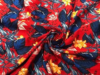 16255 - Popelina de algodón 100 % con estampado de playa de 58 pulgadas de ancho, color rojo con flores azul/negro, naranja, blanco
