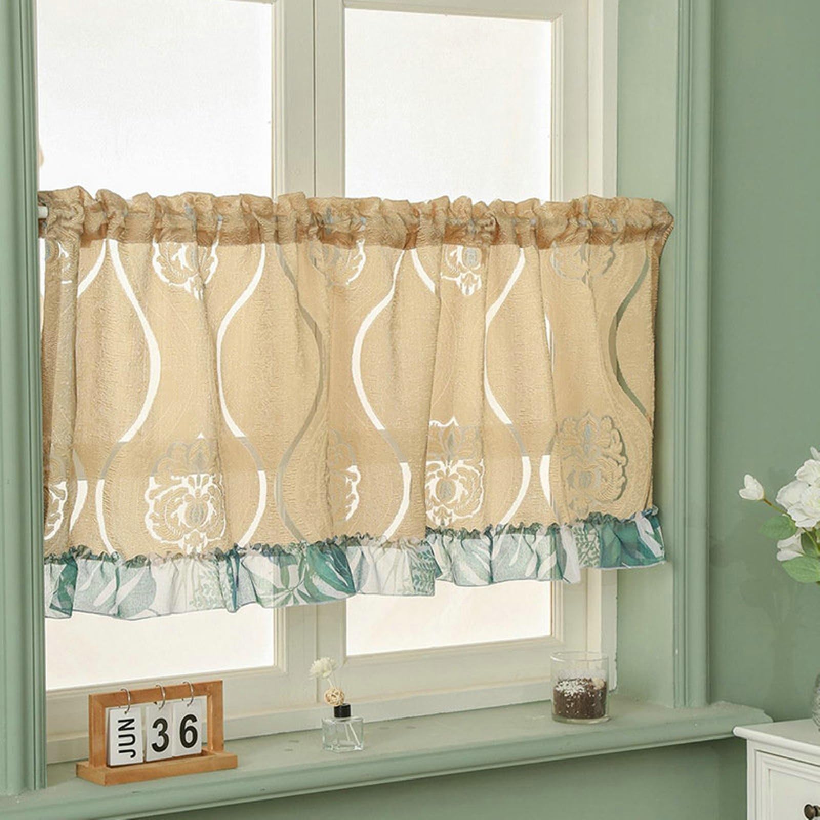 Cortina corta KnSam de gasa marrón con flores bordadas para ventana de cocina o bistró (150x60 cm)