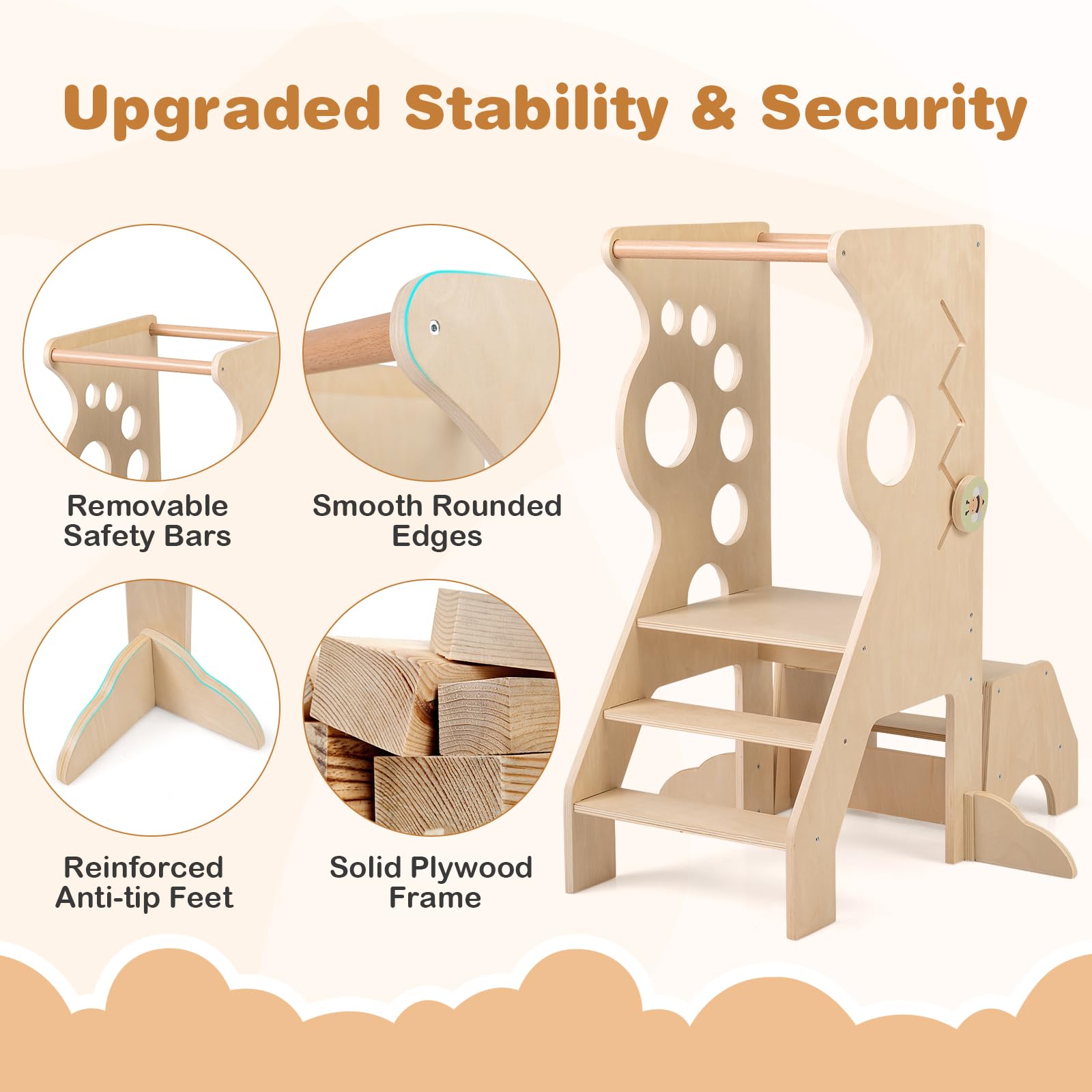 COSTWAY 3 in 1 Lernturm mit 2-Stufen-Hocker, Tritthocker aus Holz mit abnehmbaren Sicherheitsstangen & Linienspiele, Trittleiter & Kindersitzgruppe Montessori, Trittschemel für Kinder ab 3 Jahren