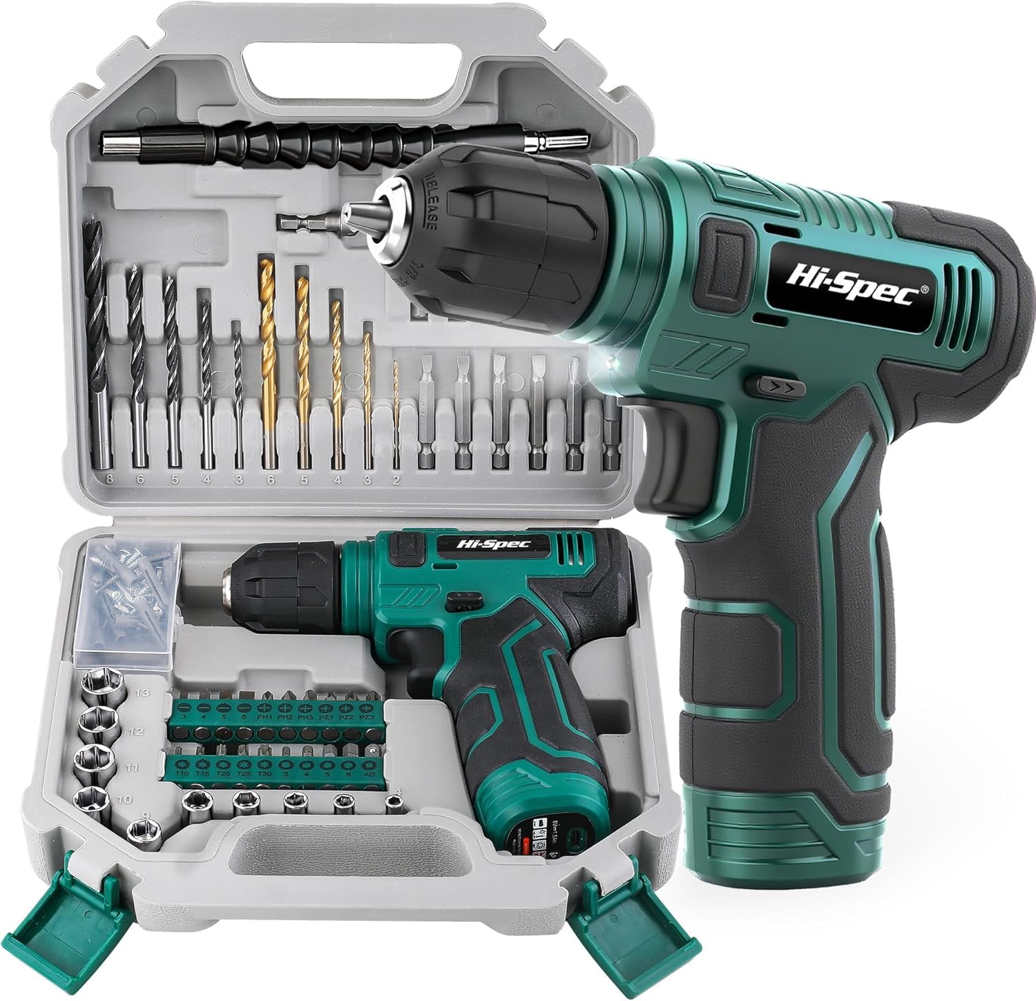 Hi-Spec 110pc Green 8V USB Electric Power Cordless Drill Driver Set. Drill Bits, Sockets and Screwdriver Bit Set Accessories In a Portable Toolbox