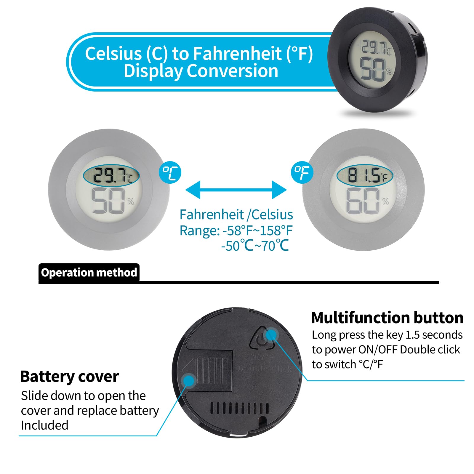 6 pièces mini hygromètre thermomètre, hygromètre numérique LCD, petit hygromètre d'intérieur appareil de mesure de la température, moniteur de température et d'humidité pour la maison, les reptiles
