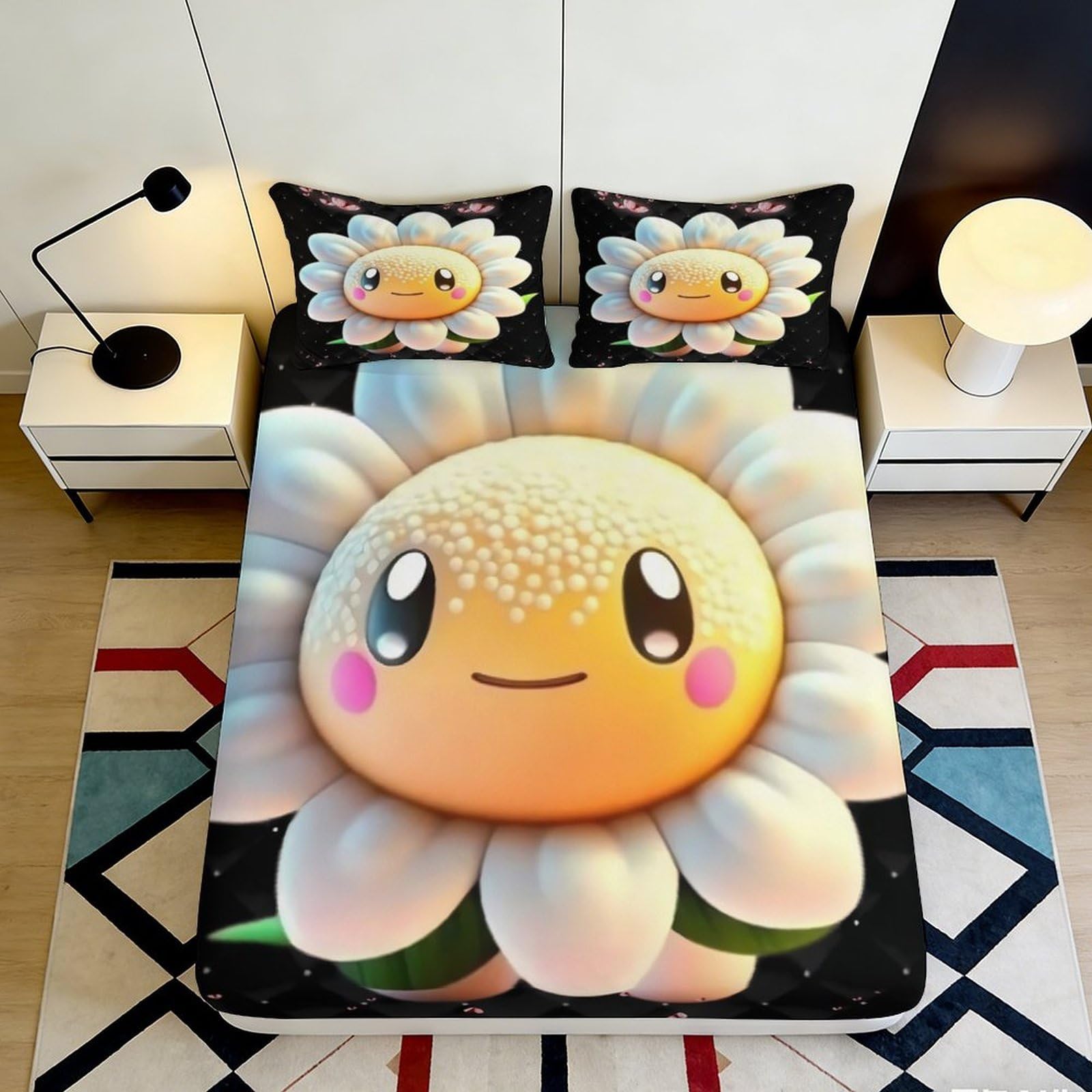 3D Printed Cute Smiling Sunflower Fitted Sheet Microfiber Soft Bedroom Decor Cartoon Flower Mattress Cover 90x200x25cm