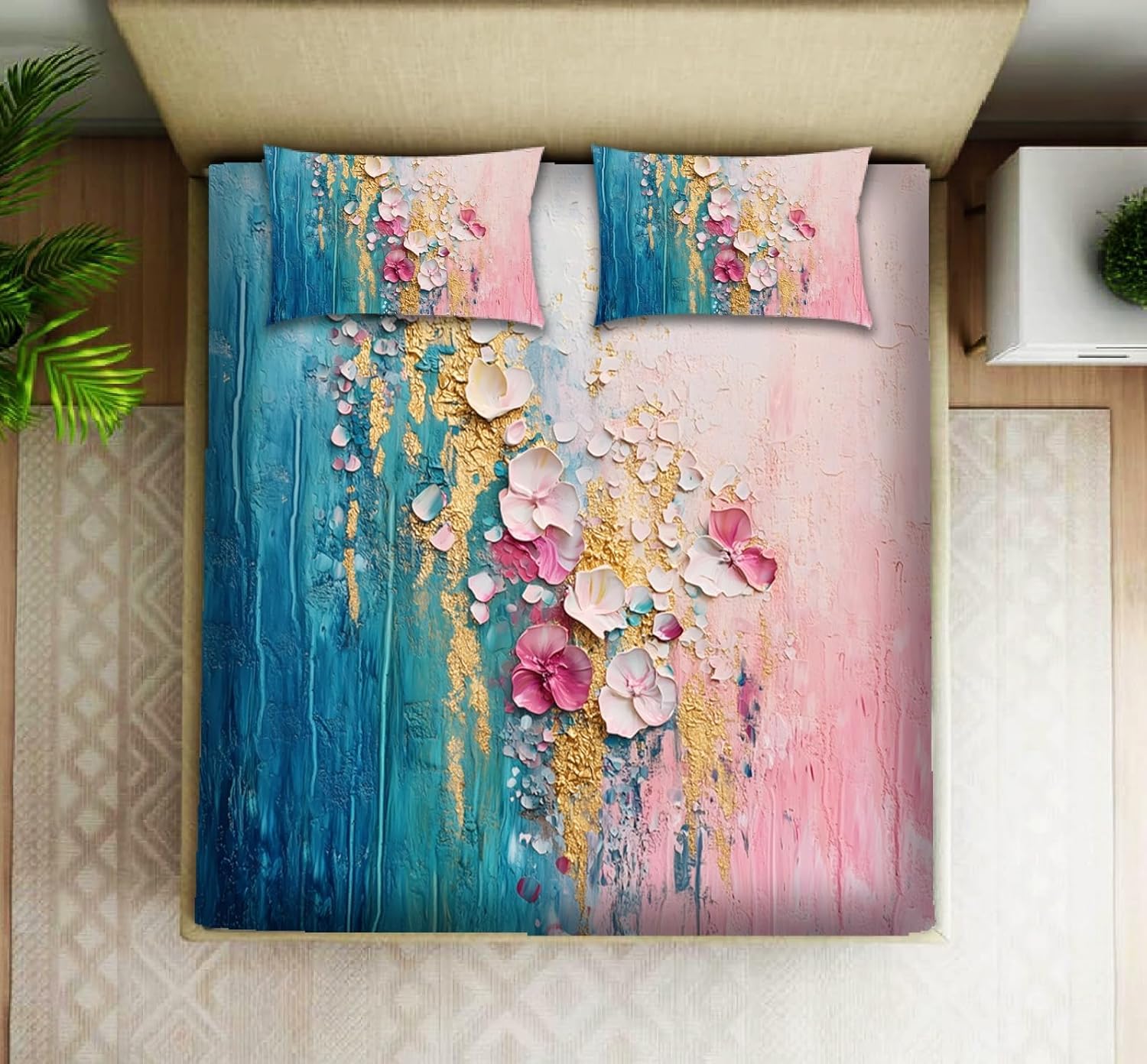 PRISCILLA 7D Digital Print Queen Size Cotton Bedsheet | 300 Thread Count Soft & Durable Fabric | 190 GSM Kids Design | Machine Washable with Attractive Packaging. (90x100 Inches). (Petals)