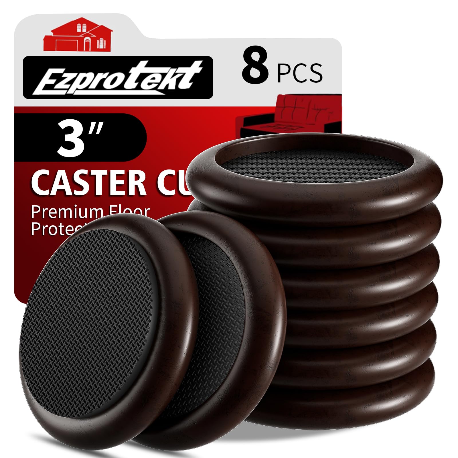 Ezprotekt 3 inch Premium EVA Castor Cups for Wooden Floors & Smooth Surfaces Φ 76 mm - Dark Brown Wood Grain - 8PCS Chair Leg Floor Protectors - Castors for Furniture - Furniture Cups — image 1
