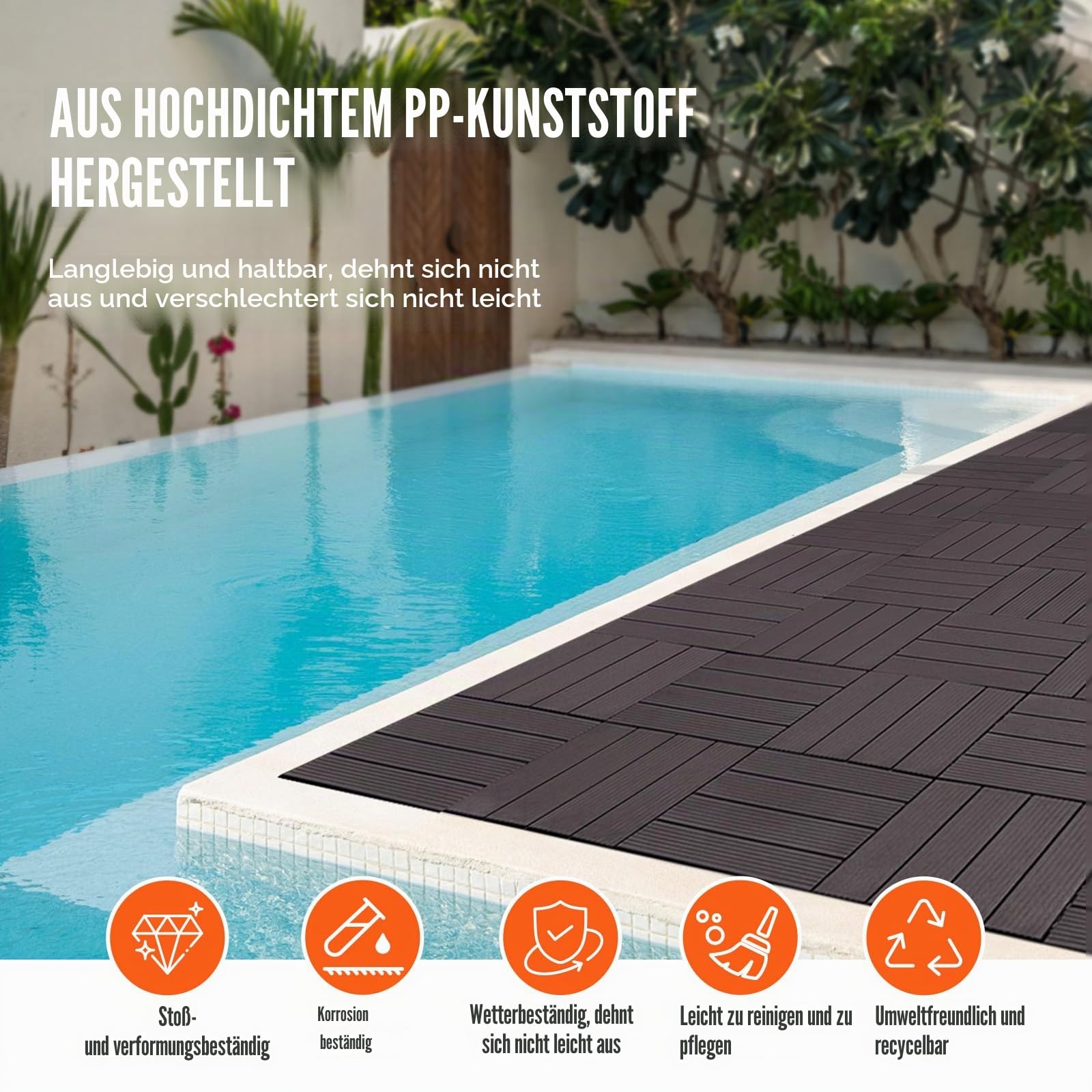 VEVOR Terrassenfliesen, 54er-Set, Balkonfliesen 30x30cm, Klickfliesen, wasserdichter Kunststoff-Bodenbelag für den Außenbereich, Terrassenbodenbelag für Veranda, Pool, Balkon, Hinterhof, Dunkelbraun