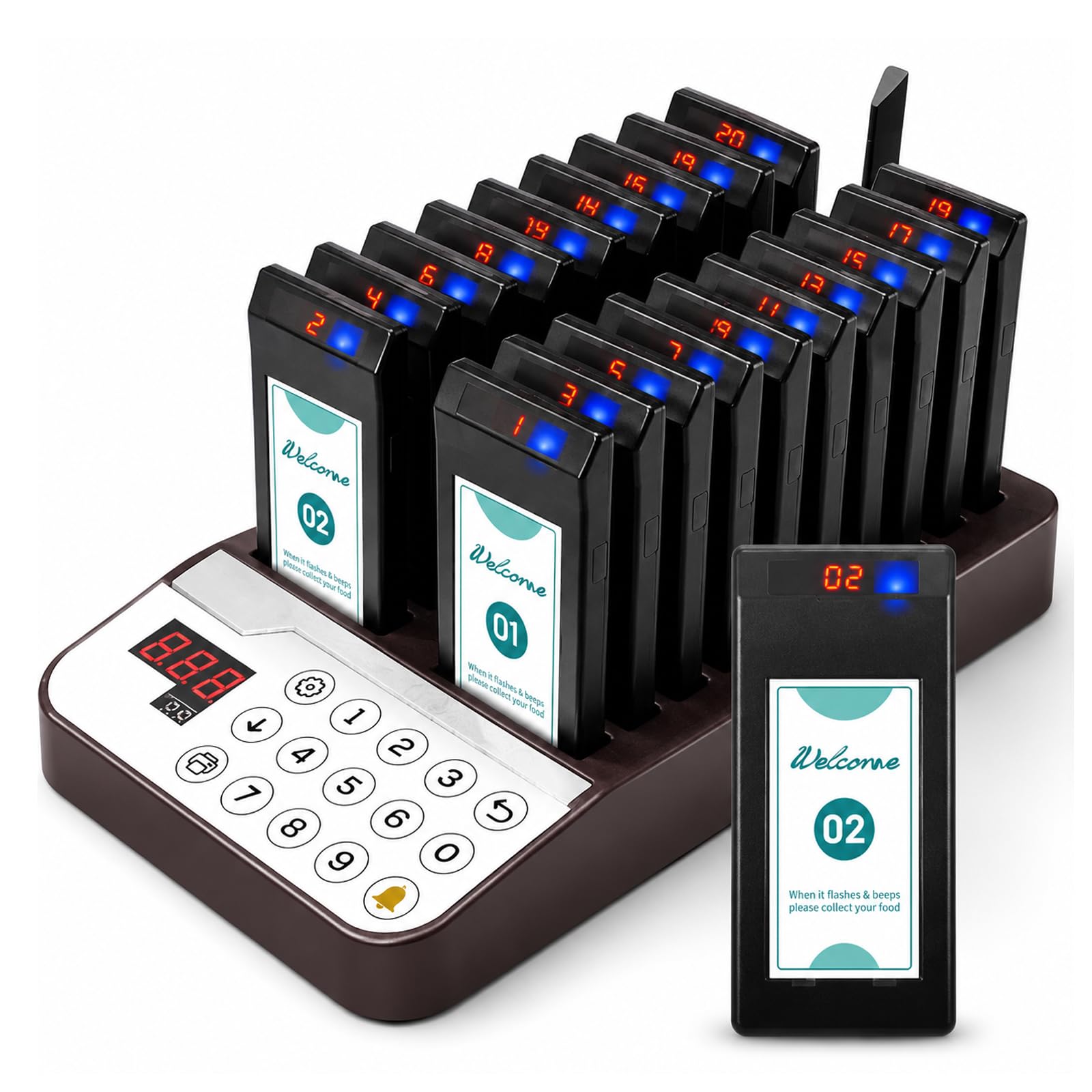 Restaurant-Pager-System, Warteschlangen-Telefonsystem mit 299,9 m langer Reichweite, 20 Pager mit Summer, Vibration, blinkender Zahlenanzeige, Summer für Lebensmittelwagen, Kirche