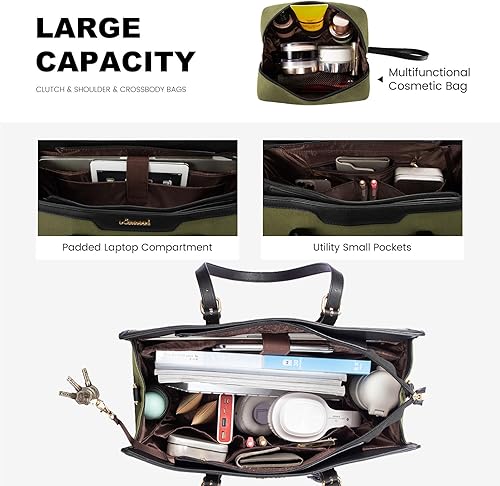 Miniatura 3 de LOVEVOOK Bolsa de mano para computadora portátil para mujer, 17 pulgadas, lona de cuero, bolsa de computadora con bolso de mano para negocios,