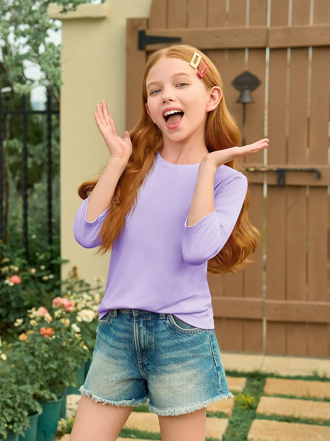 Haloumoning Girls Casual 3/4 Sleeve T Shirts Kids Crewneck Tops Fashion Tees 5-14 Years - Image 2