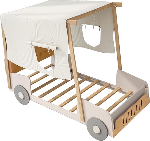 Miniatura 52 de Cama de plataforma clásica en forma de automóvil con ruedas, cama de automóvil de tamaño matrimonial con soporte de listones de madera, marco de