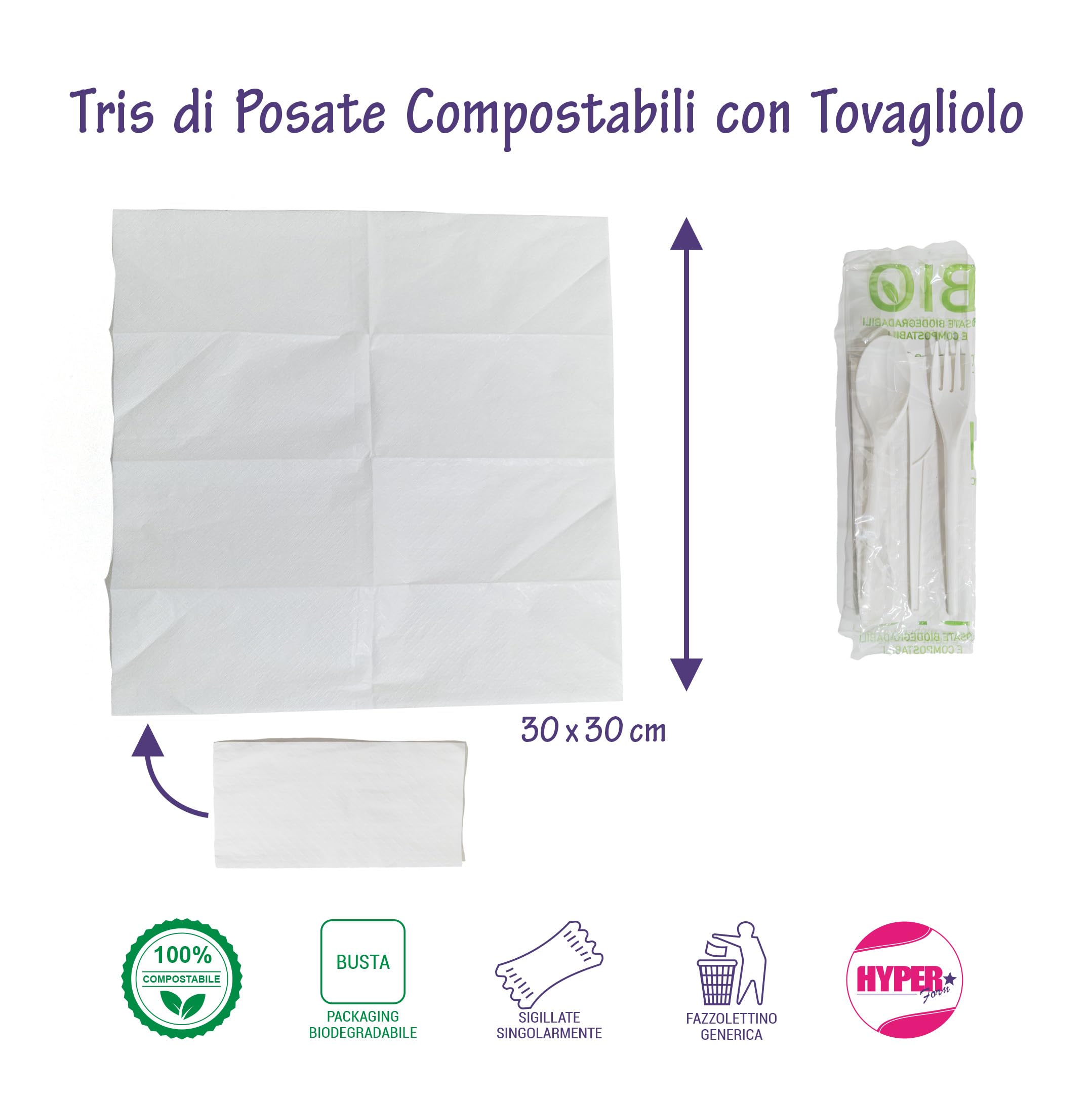 HYPER form Set Posate Biodegradabili e Compostabili Tris Forchetta Coltello Cucchiaio e Tovagliolo 100 Pezzi