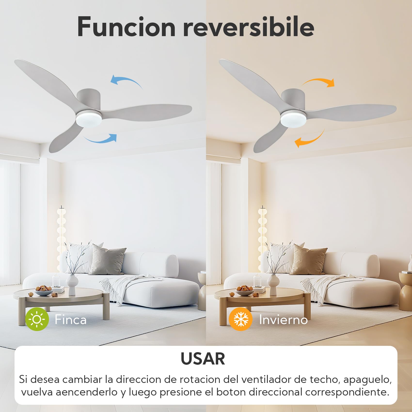 Ventilador de Techo Grande con Luz y Mando 132cm (52"), Motor DC Silencioso, 3 Aspas Plástico, LED Regulable, Ventilador Moderno Bajo Consumo para Salones, Blanco