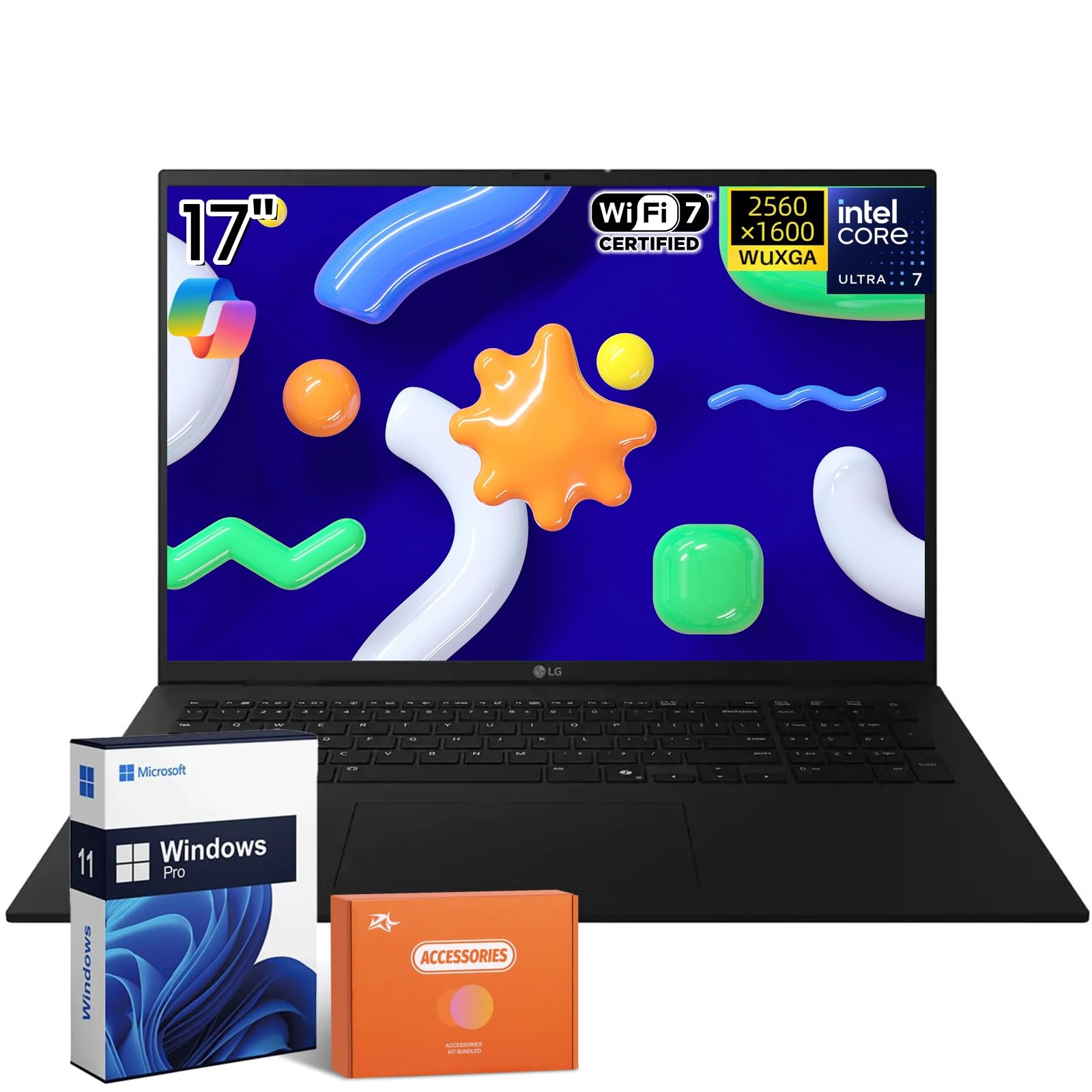 Gram 17 2025 Touchscreen Laptop, 17 Inch 2.5K Display, Intel Ultra 7 Processor, Lightweight, 32GB RAM, 2TB SSD, Copilot+ PC, WiFi 7, Windows 11 Pro, Obsidian Black, W/Accessories