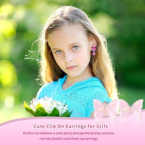 Miniatura 3 de Grevosea Juego de 7 pares de aretes de clip para niñas, joyería para niñas, aretes de vestir y aretes de princesa para niños, diseño sin
