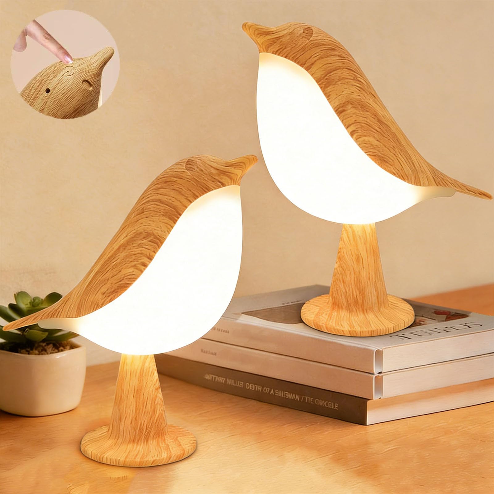 2Pack Small Cute Bird Table Lamp, Touch Bird Night Light, Cordless Bedside Lamp, Desk Lamp for Reading, 3-Way Dimmable USB Rechargeable Battery