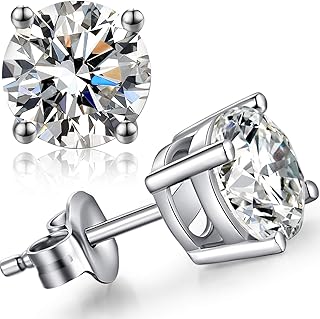 Rhodium Plated Sparkling CZ Diamond Stud Earrings 925 Sterling Silver Round Cut and Princess Cut 5A+ Cubic Zirconia Stud Earrings | Screw Back CZ Stud Earrings, Hypoallergenic Earrings