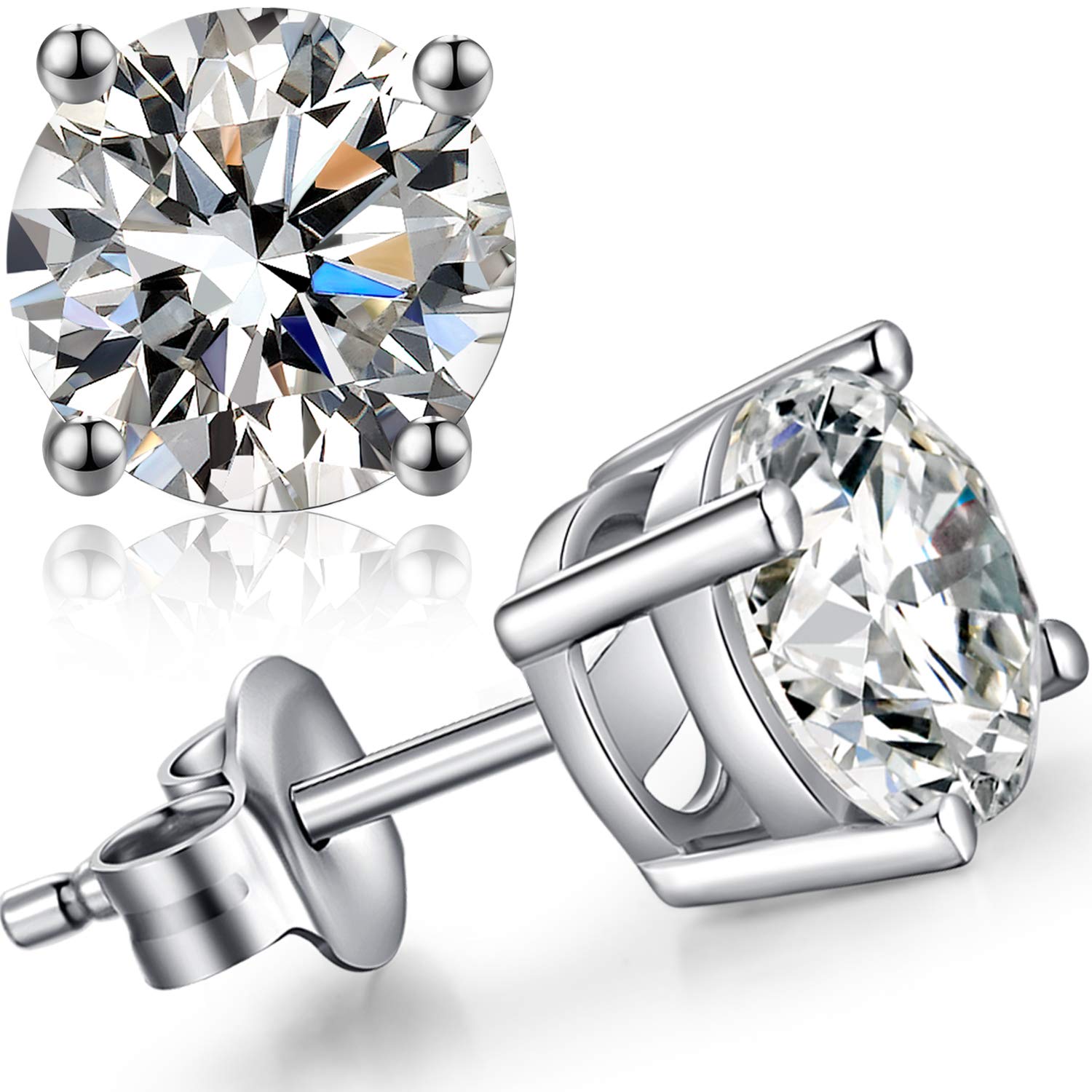 Jiahanzb925 Sterling Silver Cubic Zirconia Simulated Diamond Stud Earrings for Women Men, Hypoallergenic 3 Prong and 4 Prong Set Round Cut Earrings 3MM-8MM