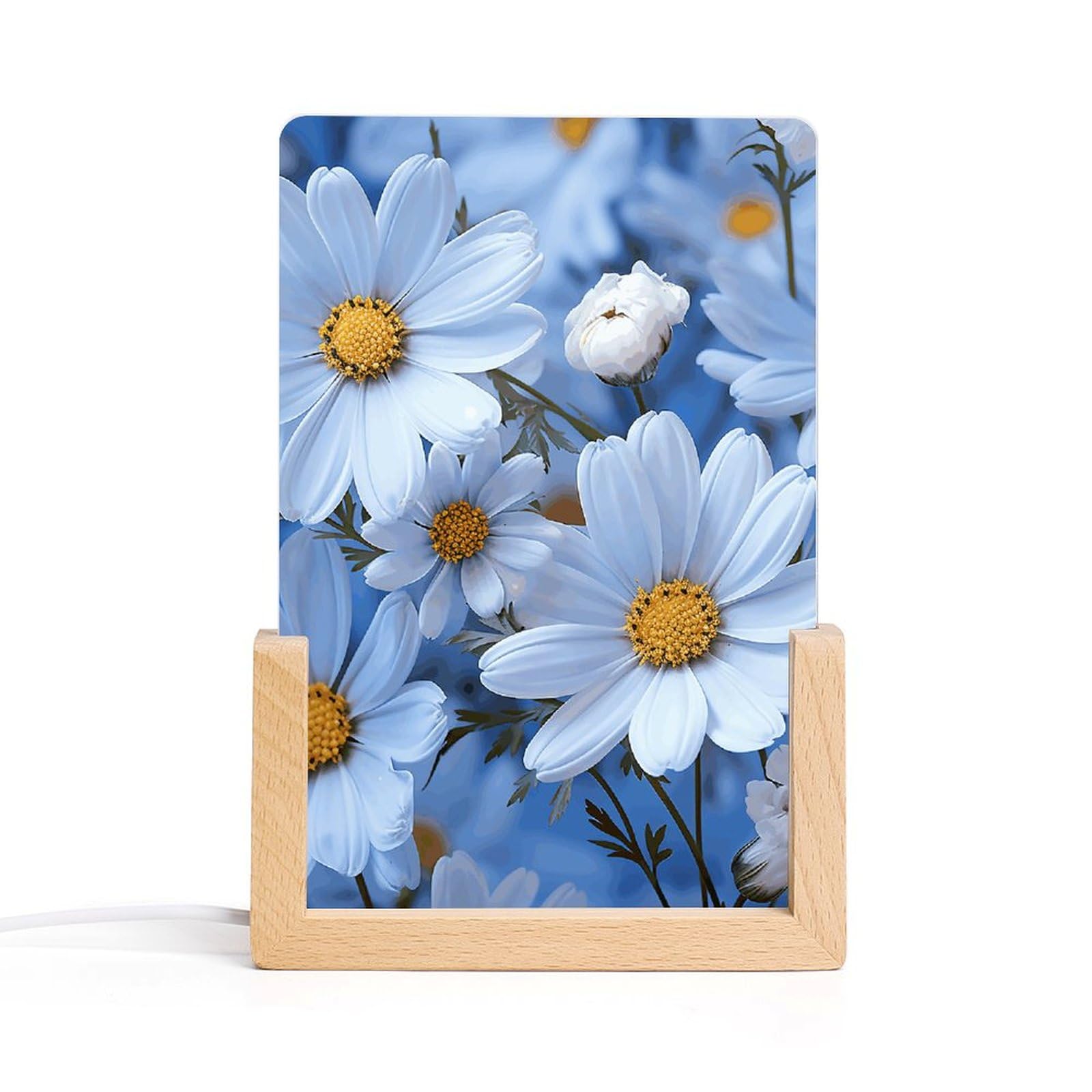 JTREHY Acrylic Night Light,Daisy Blue Printed Wooden Base LED Night Light Modern Home Decoration Light with USB Switch Cable for Bar Cafe Bedroom Room Decoration