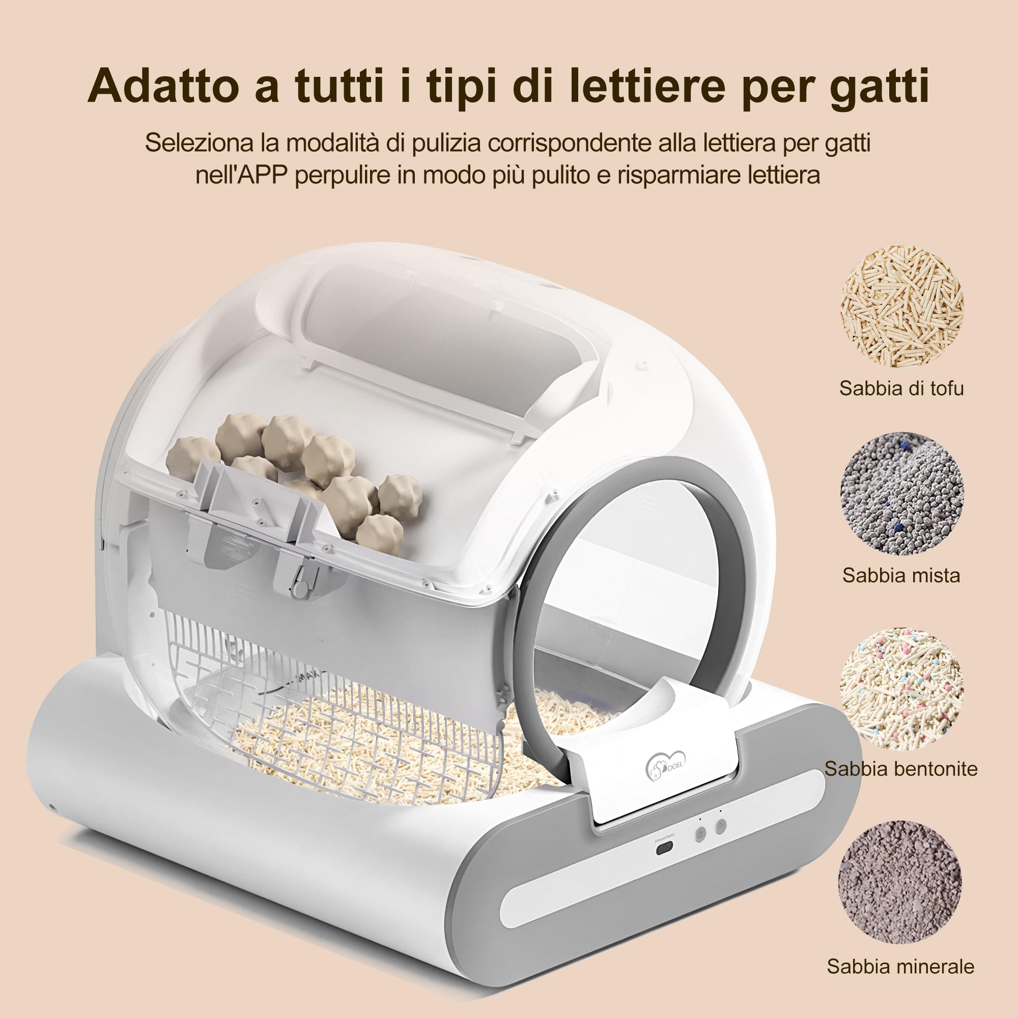 DOEL Upgrade Lettiera Autopulente 65L Grande Capacità, Tripla Protezione di Sicurezza, Vassoio Automatico per Lettiere per Gatti, APP Monitoraggio Salute, Adatta a Più Gatti con Tappetino e Fodere