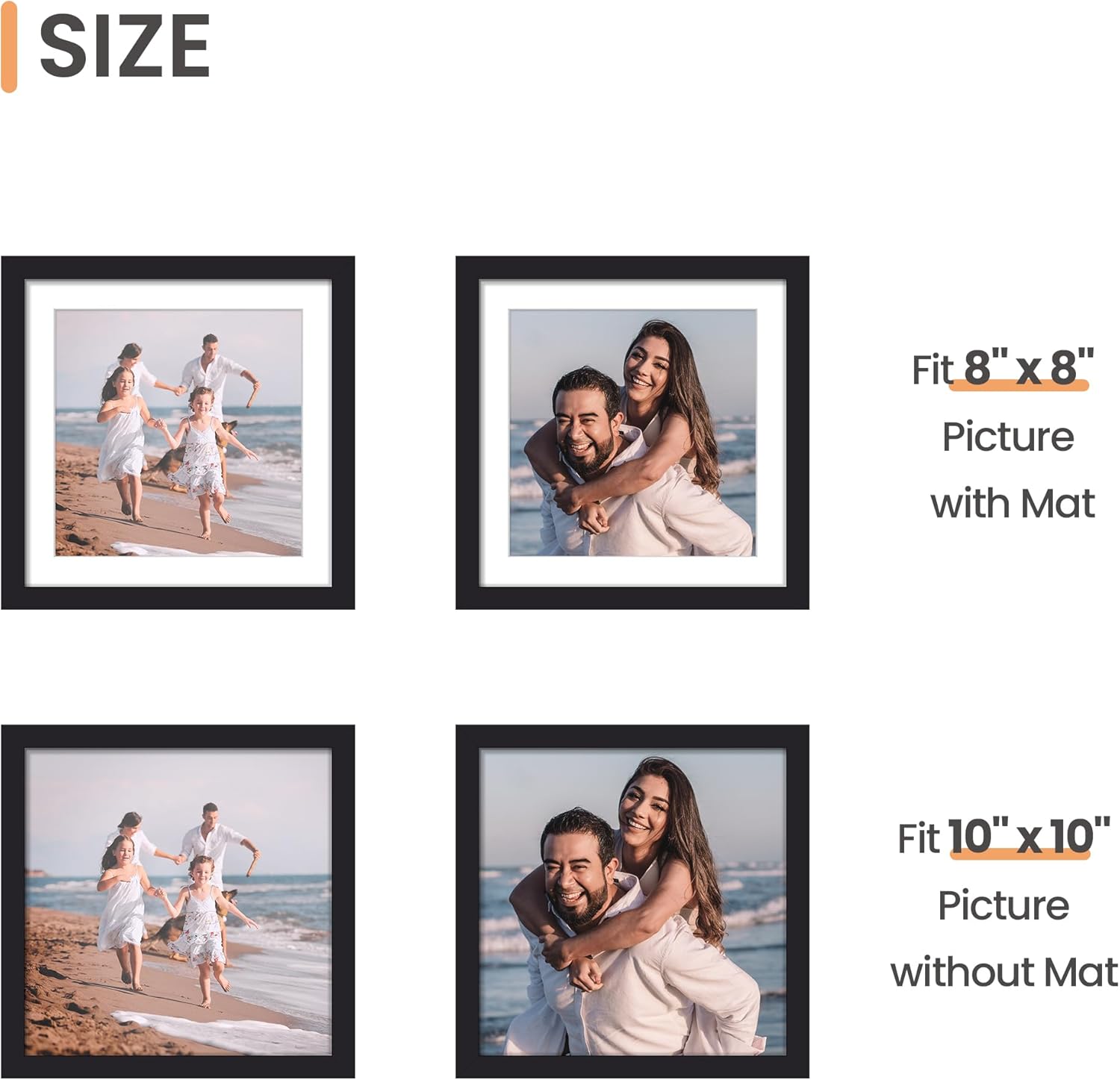 upsimples 10x10 Picture Frame, Display Pictures 8x8 with Mat or 10 x 10 Without, Wall Hanging Square Frames, Black, 1 Pack - Image 3