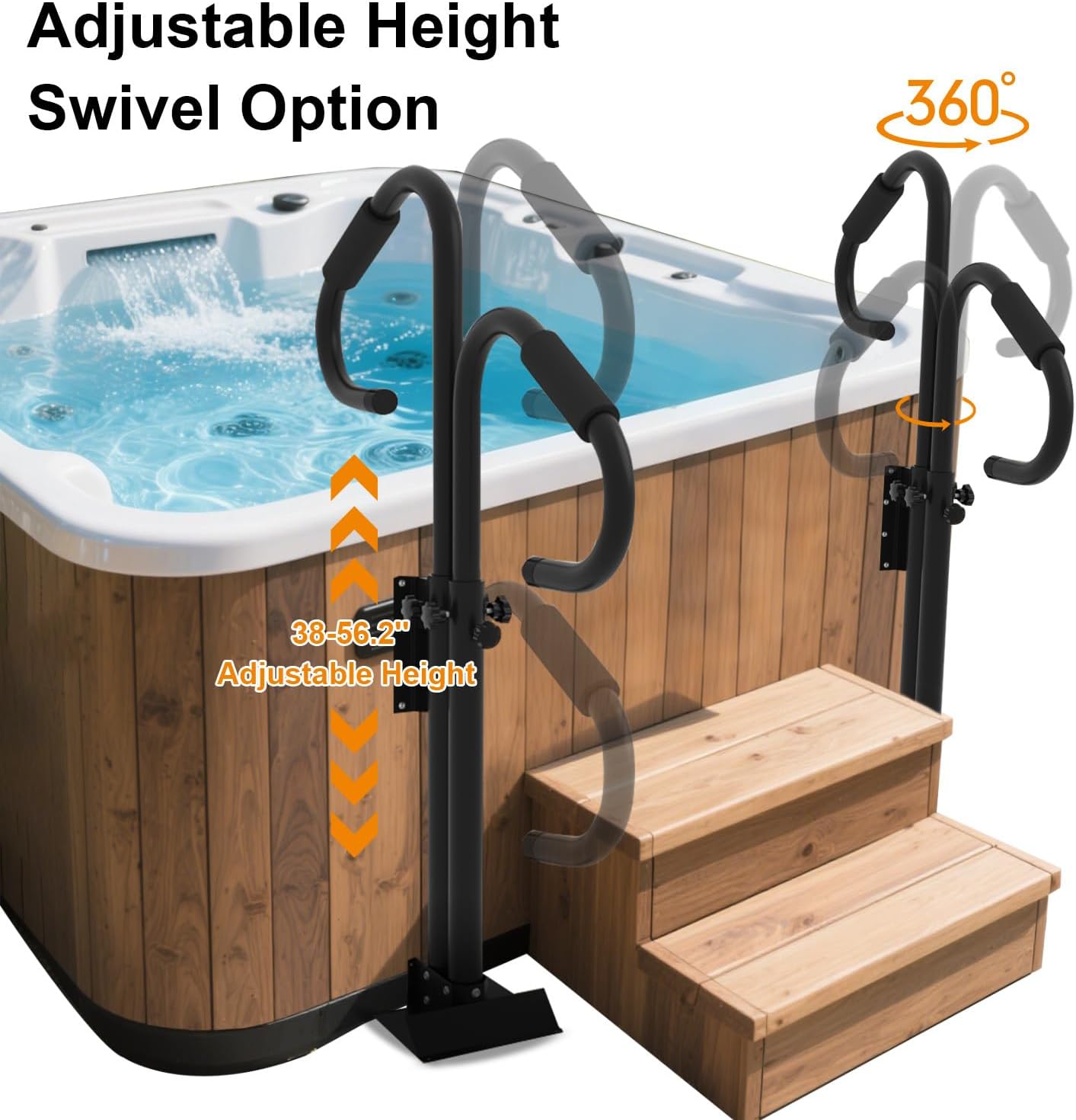Two-Way Hot Tub Handrails | 38"-58" Adjustable Height Inside and Outside Tub Rail, 360 Rotatable Bears 600Lbs-Rust-proof Hot Tub Railing with Slide-Under Mount Base & Non-Slip Handle, Indoor/Outdoor