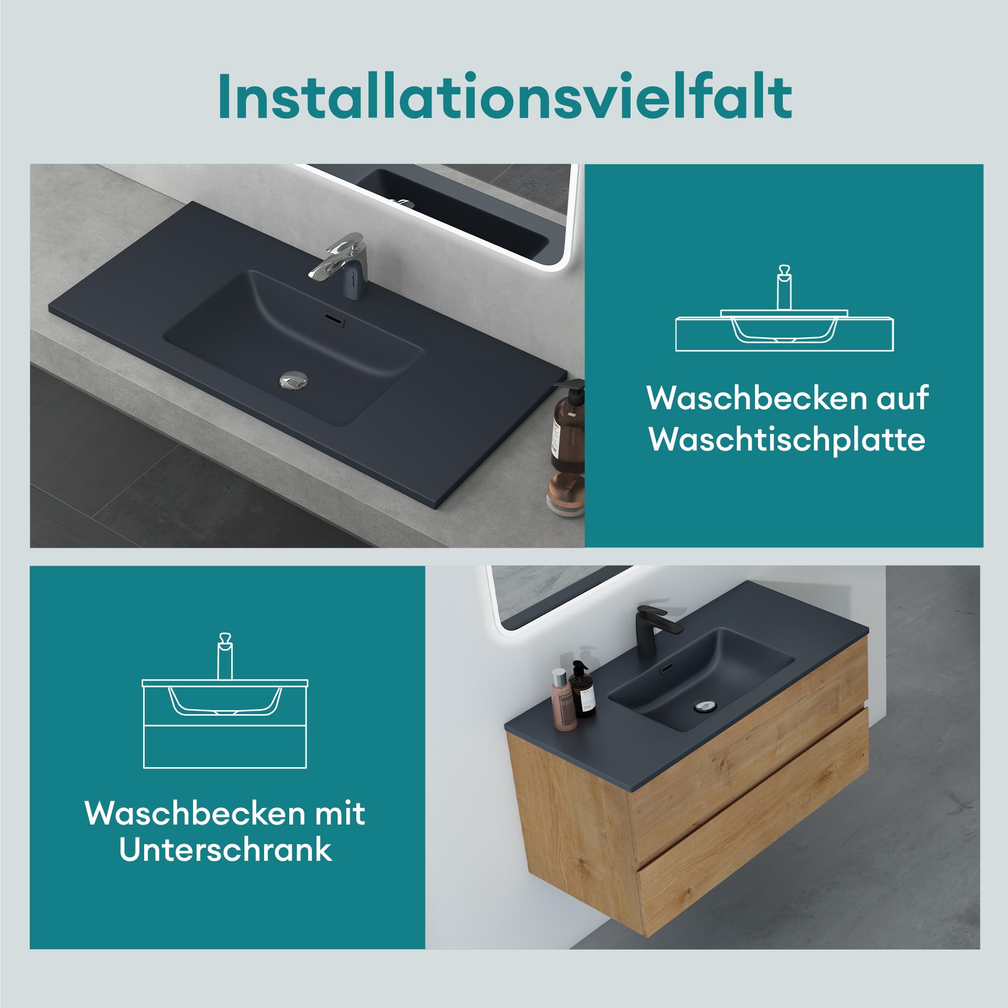 Mai & Mai Waschbecken Einbauwaschbecken Colossum02-600, BTH: 60x48x14cm, Waschtisch Einbauwaschtisch aus Mineralguss in matt Anthrazit