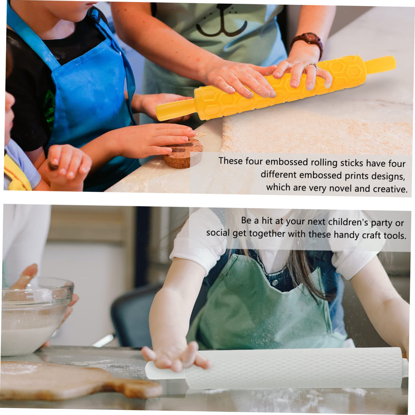 COLLBATH Geprägte Kunststoff Teigrolle 4 Stück mit Antirutschgriff Backwalze für Kekse Pasta Lebensmittelecht für Selbstgemacht Fondant Gebäck Zufällige Farbe